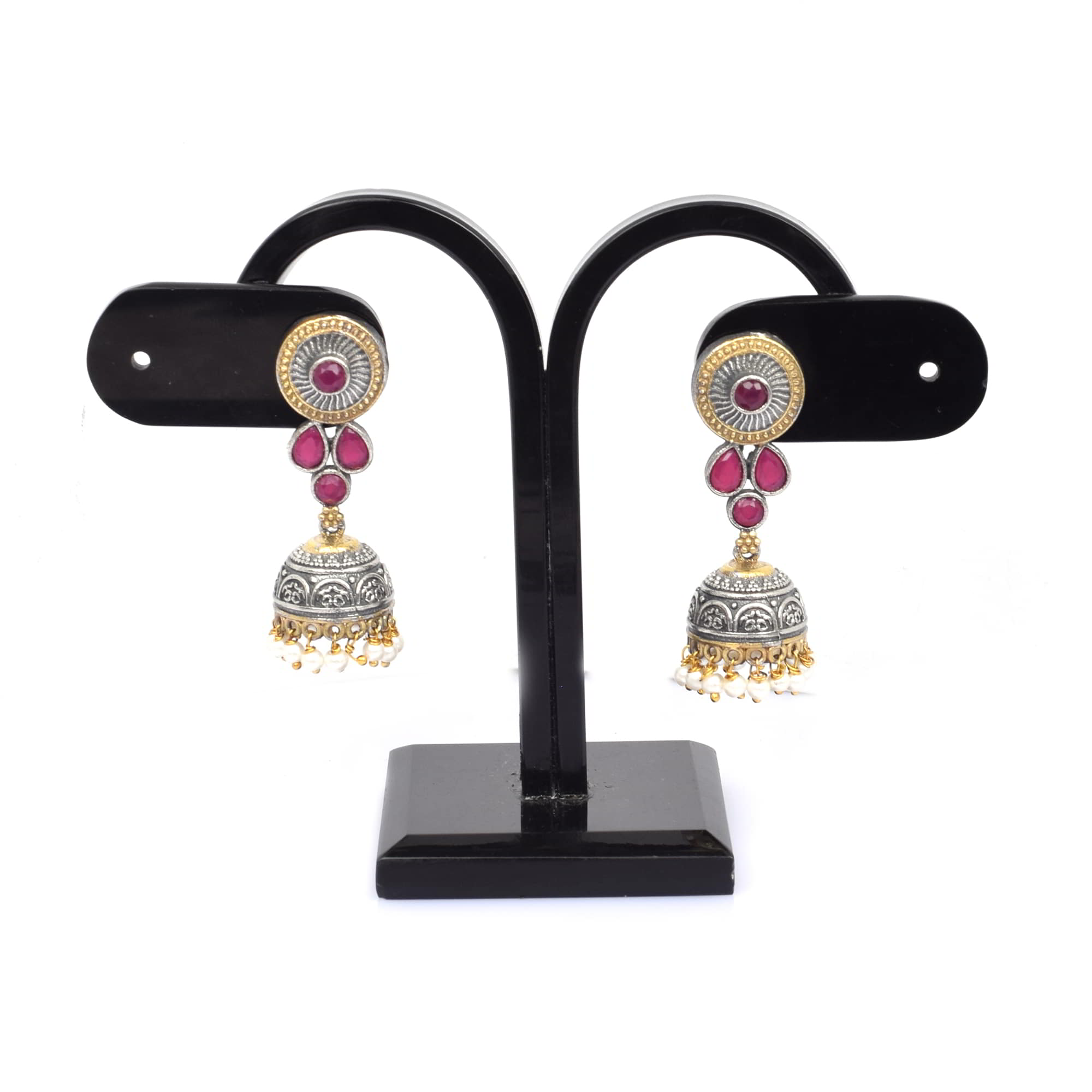 Pink Imitation with Pearl Beads Brass Oxidized Two Tone Indian Wedding Jhumki Earring