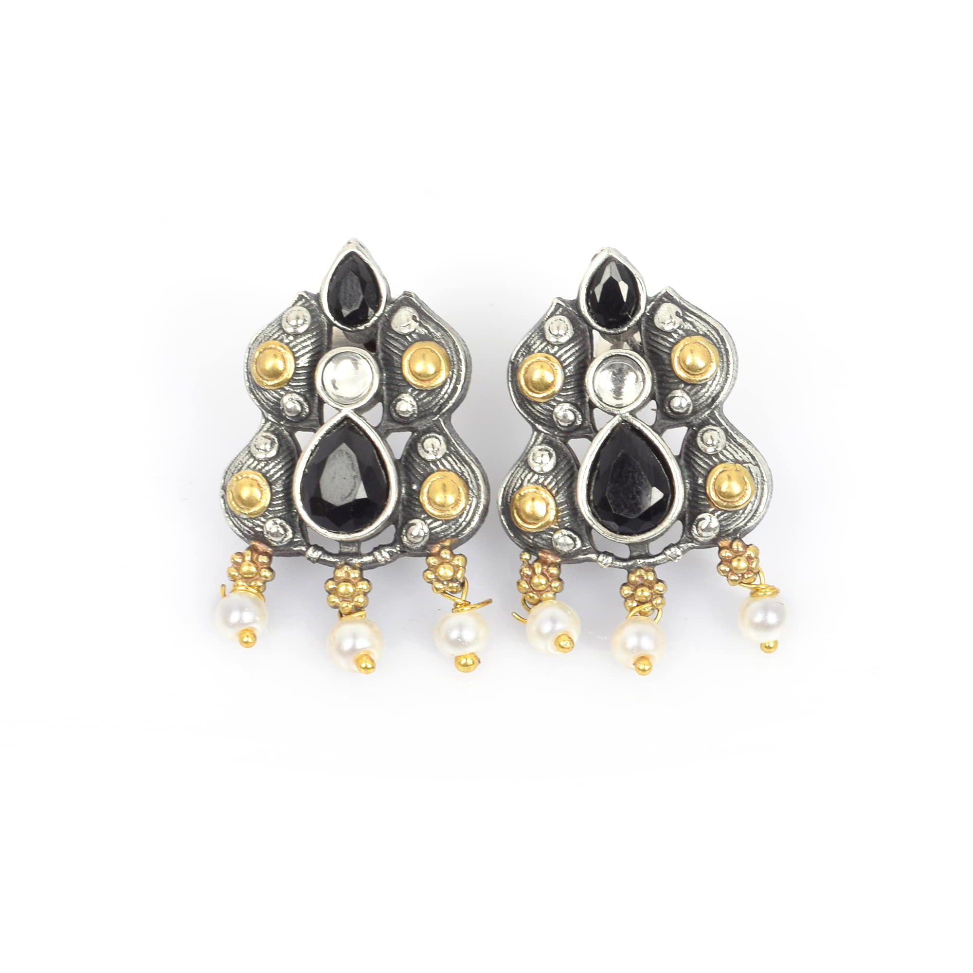 Black Imitation with Pearl Beads Brass Antique Oxidized Two Tone Women Stud Earring