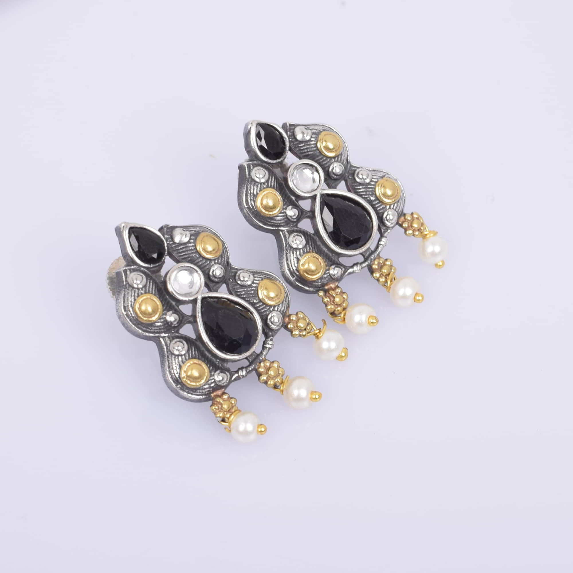 Black Imitation with Pearl Beads Brass Antique Oxidized Two Tone Women Stud Earring