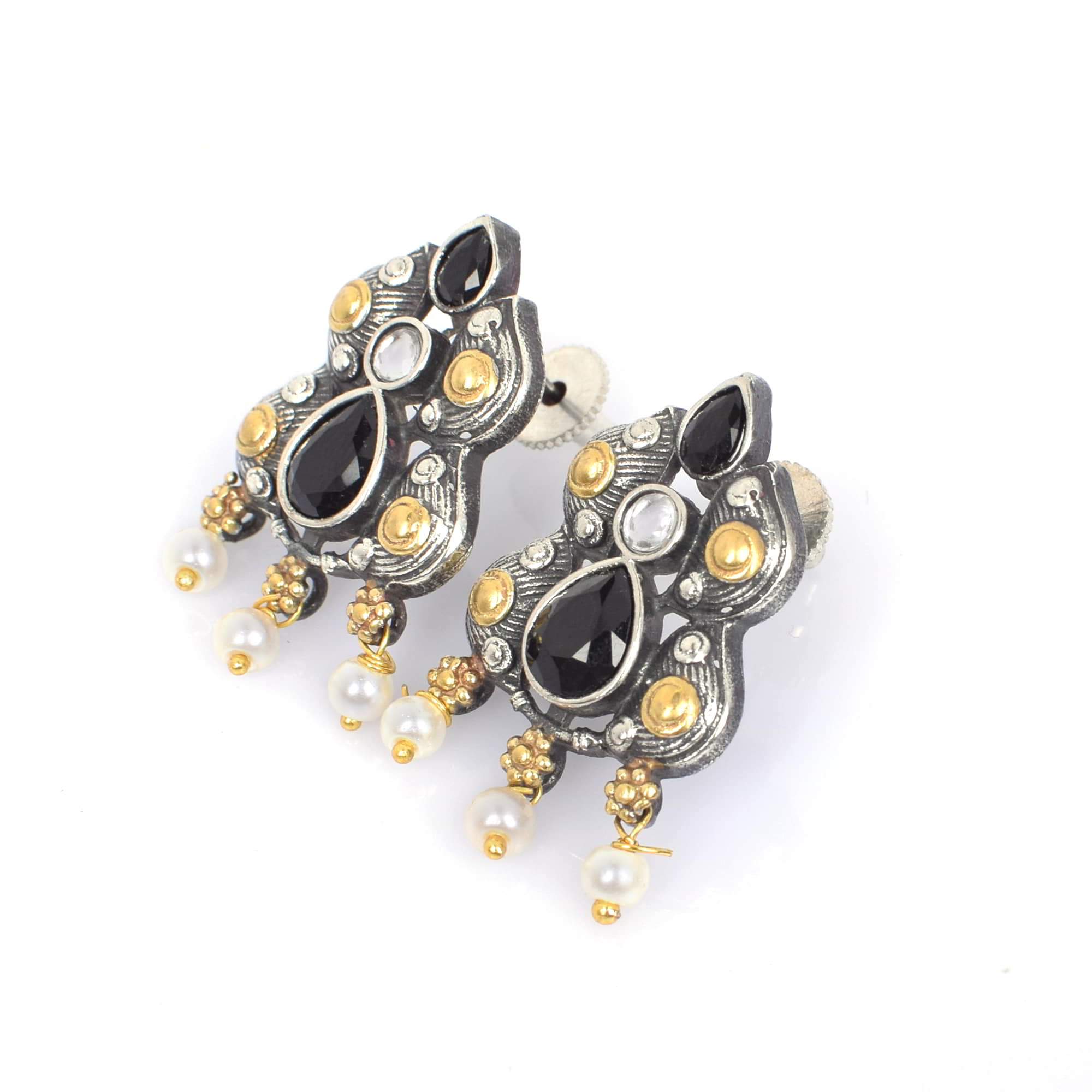 Black Imitation with Pearl Beads Brass Antique Oxidized Two Tone Women Stud Earring