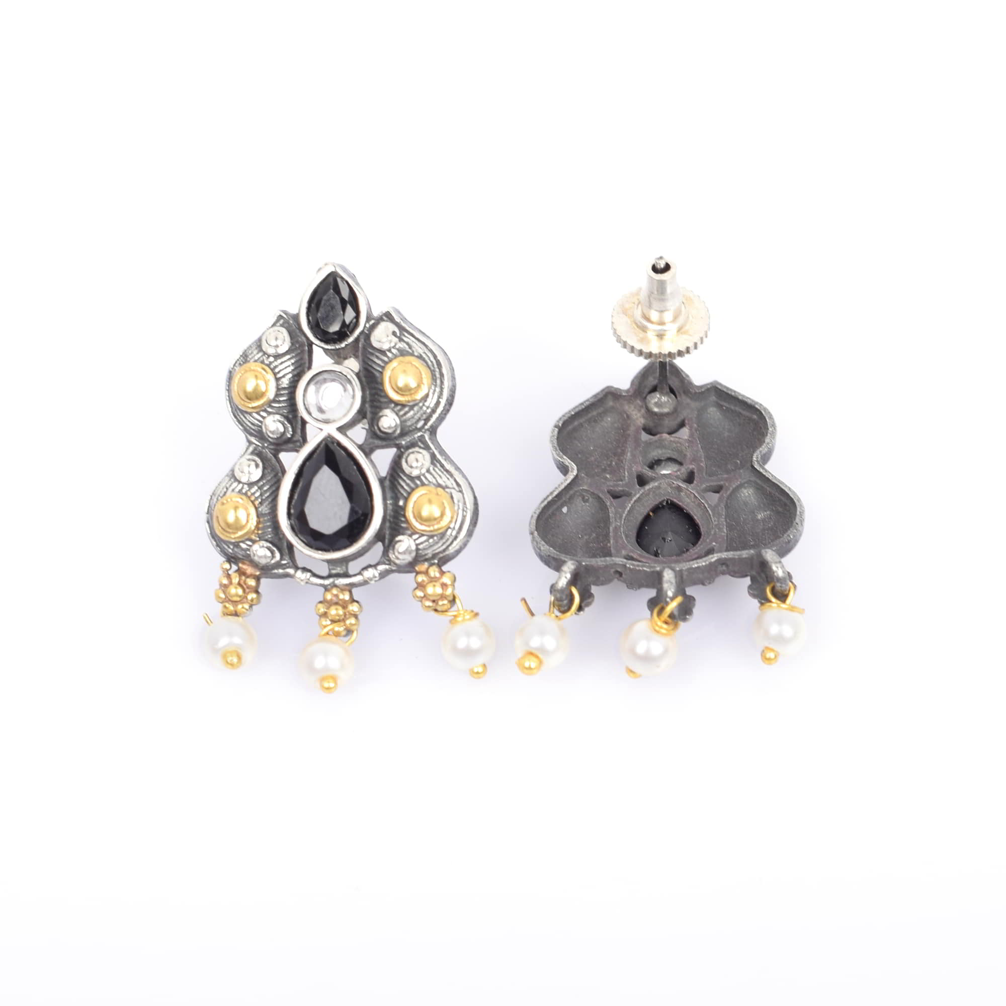Black Imitation with Pearl Beads Brass Antique Oxidized Two Tone Women Stud Earring