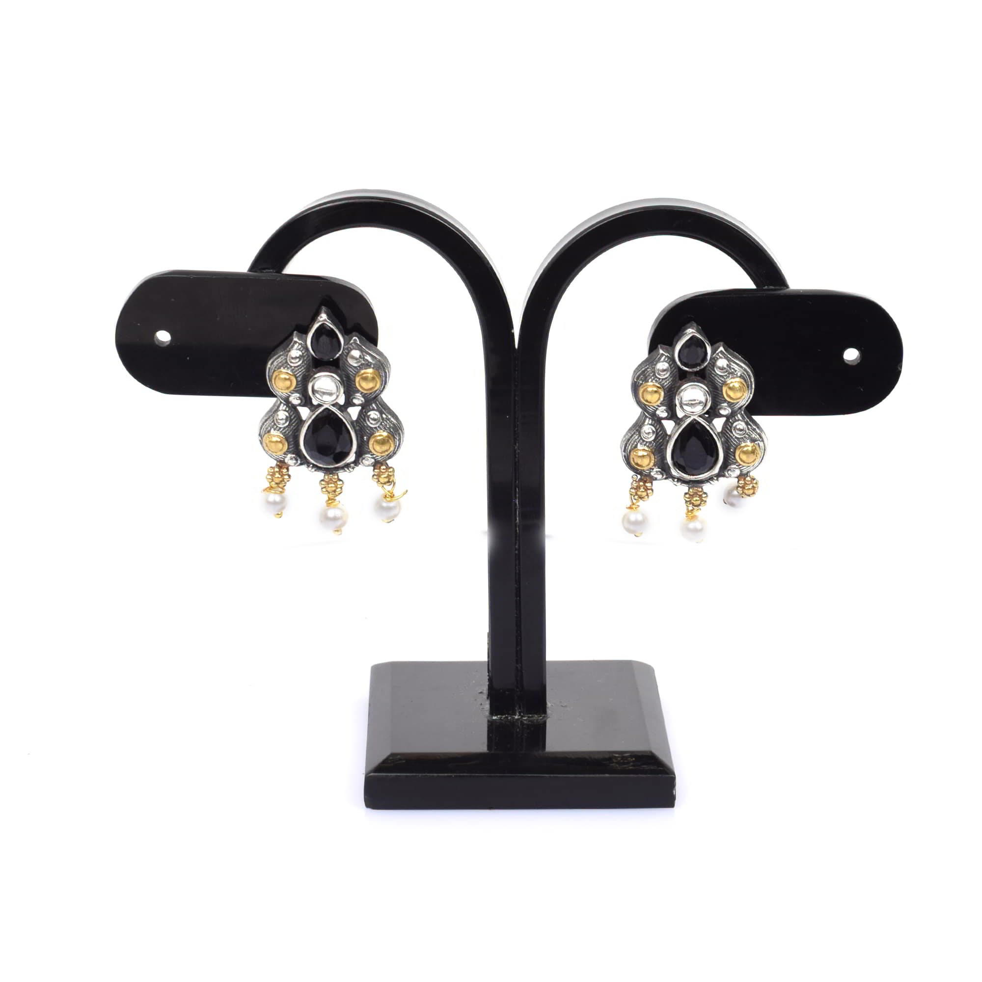 Black Imitation with Pearl Beads Brass Antique Oxidized Two Tone Women Stud Earring