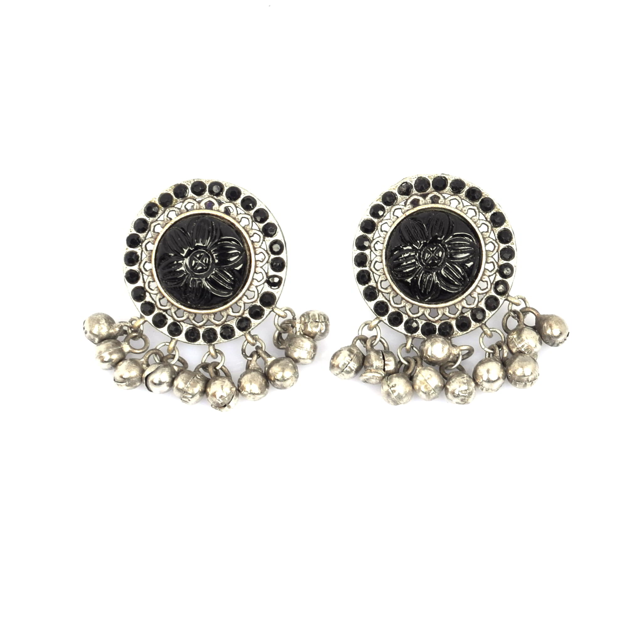 Black Onyx with Black Imitation Vintage Brass Antique Oxidized Ghungroo Stud Earring