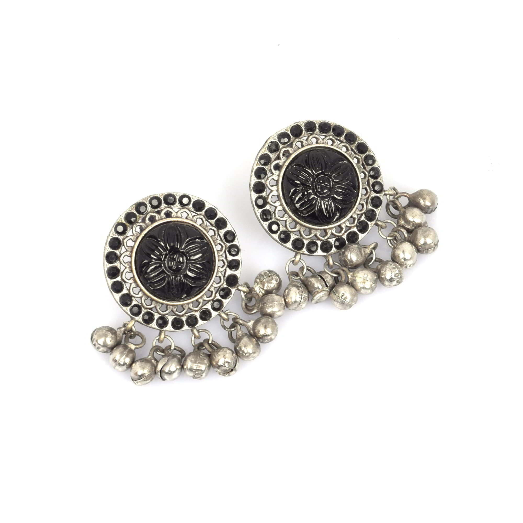 Black Onyx with Black Imitation Vintage Brass Antique Oxidized Ghungroo Stud Earring