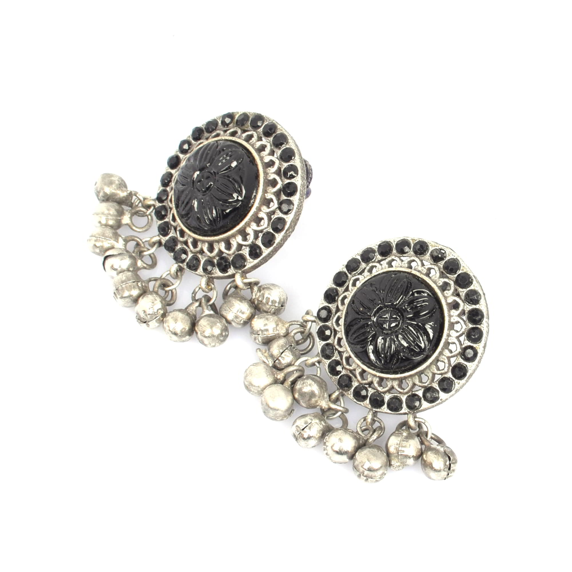 Black Onyx with Black Imitation Vintage Brass Antique Oxidized Ghungroo Stud Earring