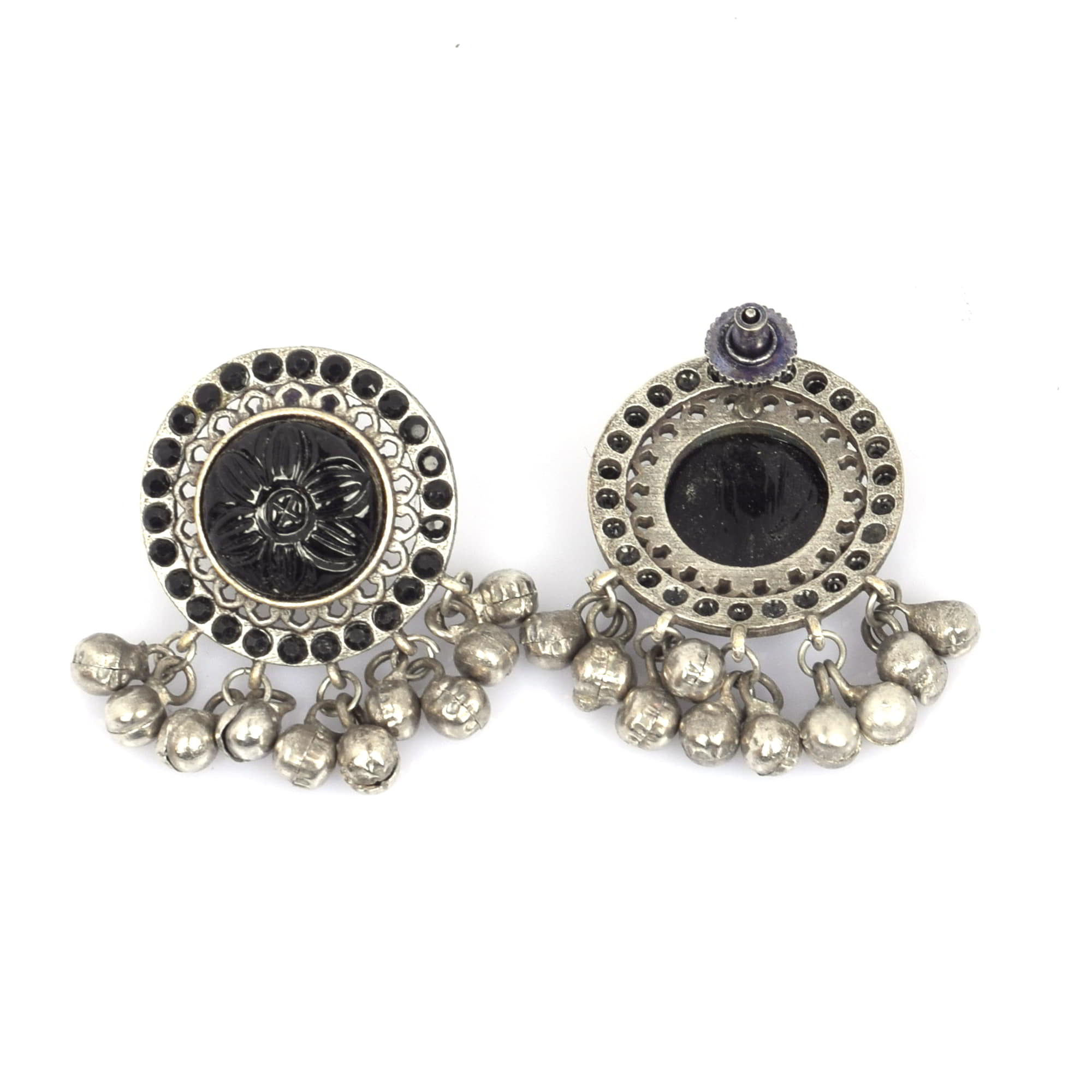 Black Onyx with Black Imitation Vintage Brass Antique Oxidized Ghungroo Stud Earring