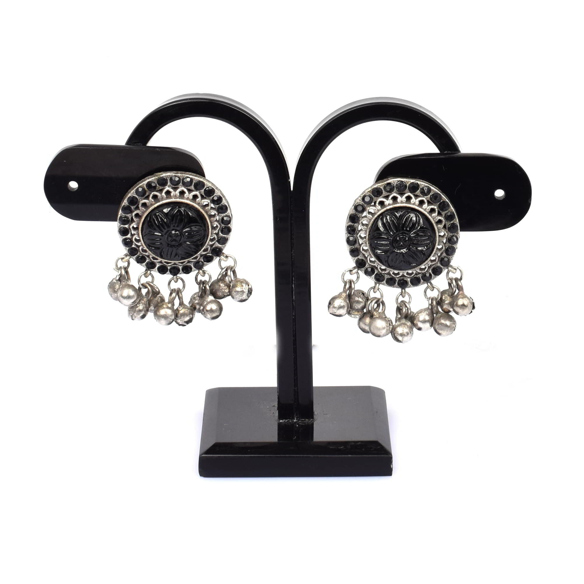 Black Onyx with Black Imitation Vintage Brass Antique Oxidized Ghungroo Stud Earring
