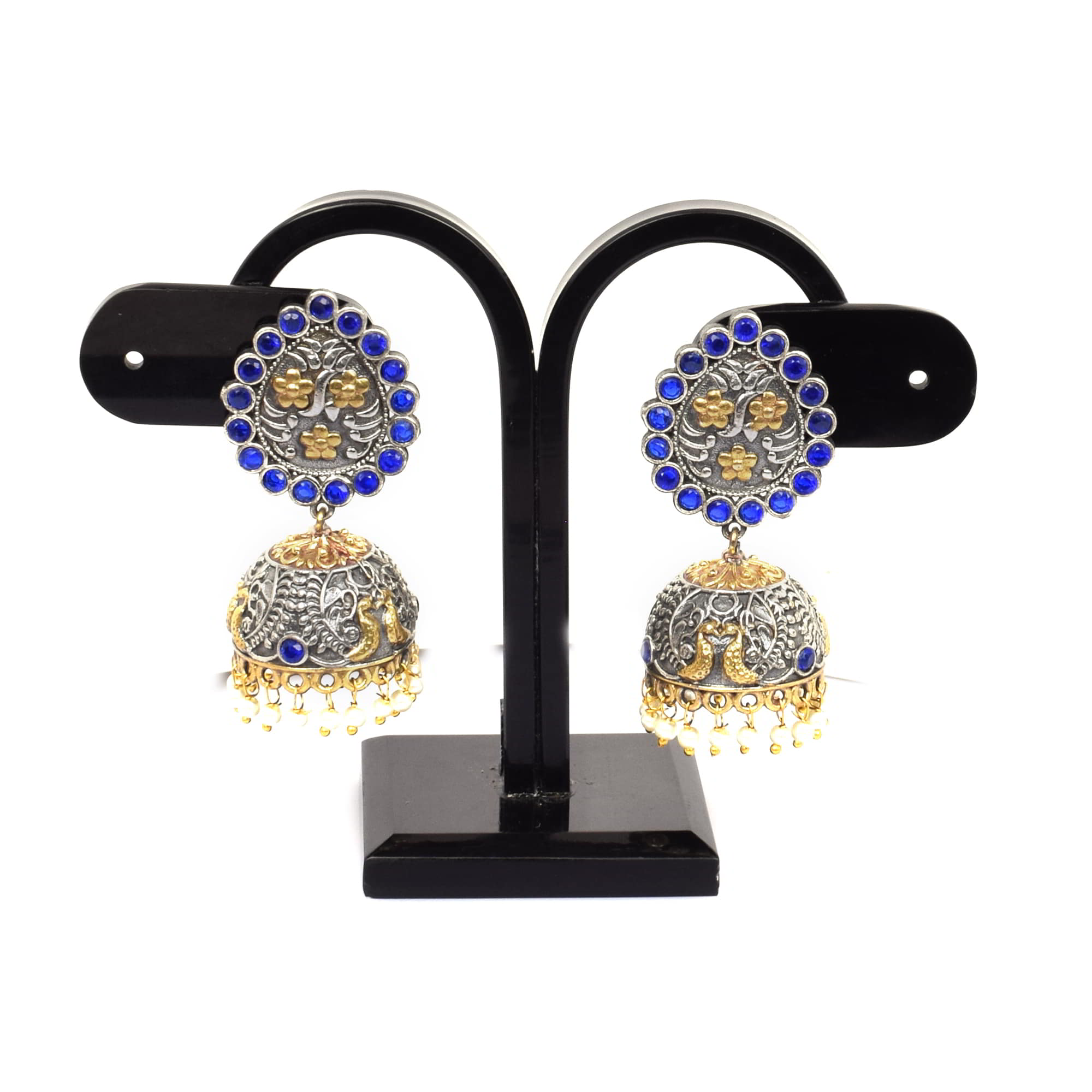 Blue Imitation with Pearl Beads Brass Oxidized Two Tone Traditional Jhumka Earring