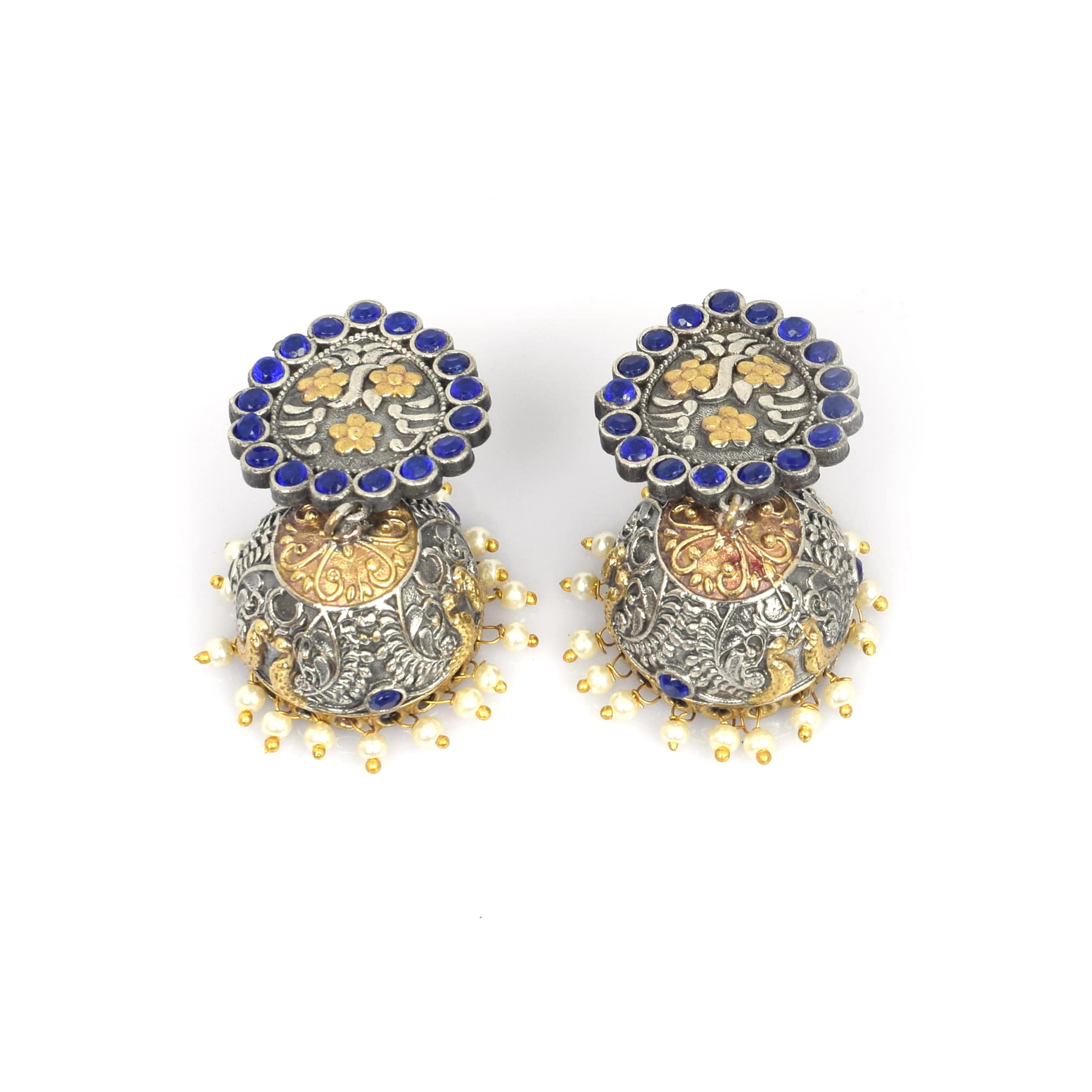 Blue Imitation with Pearl Beads Brass Oxidized Two Tone Traditional Jhumka Earring