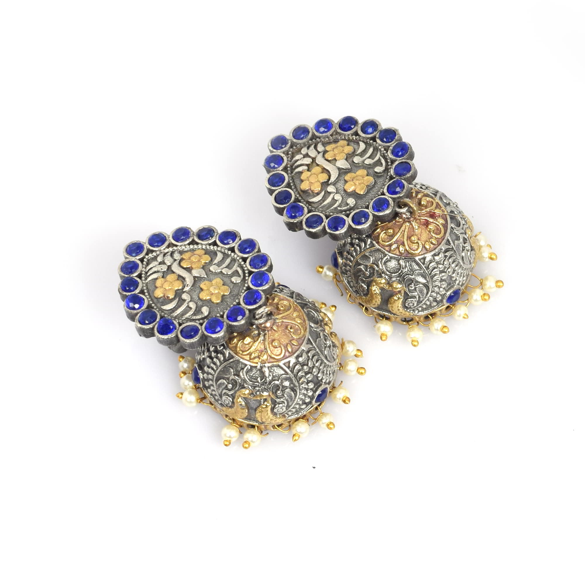Blue Imitation with Pearl Beads Brass Oxidized Two Tone Traditional Jhumka Earring