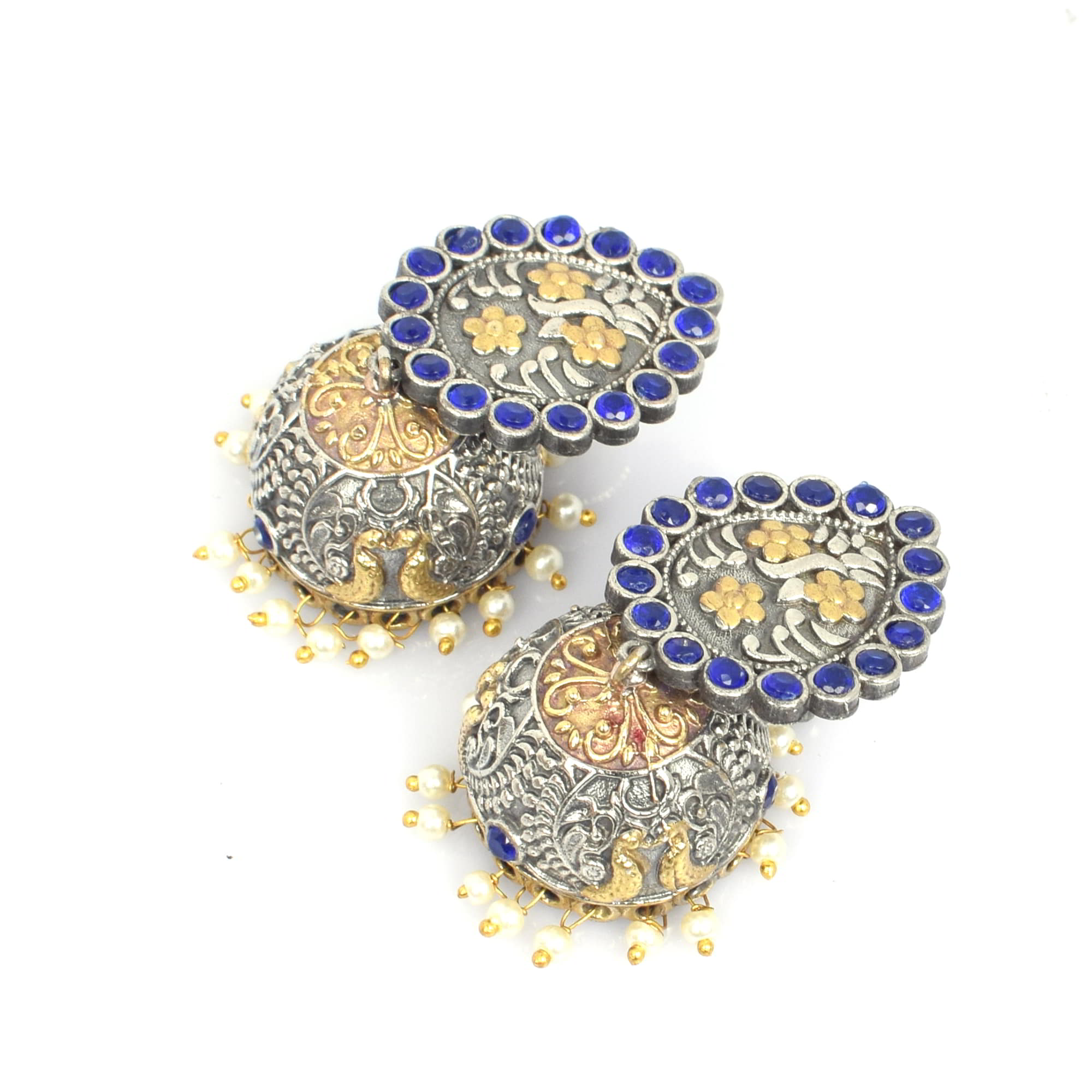 Blue Imitation with Pearl Beads Brass Oxidized Two Tone Traditional Jhumka Earring