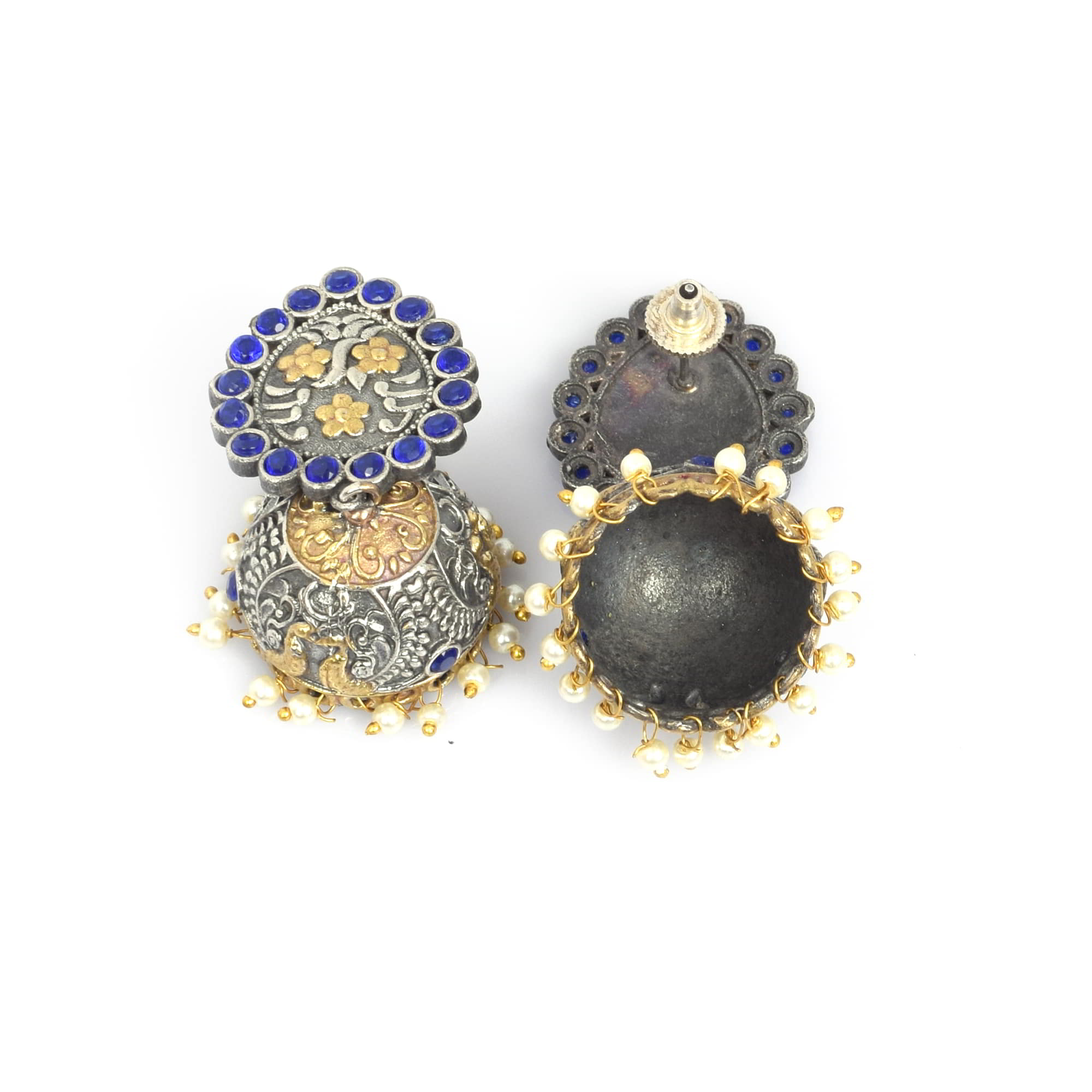 Blue Imitation with Pearl Beads Brass Oxidized Two Tone Traditional Jhumka Earring