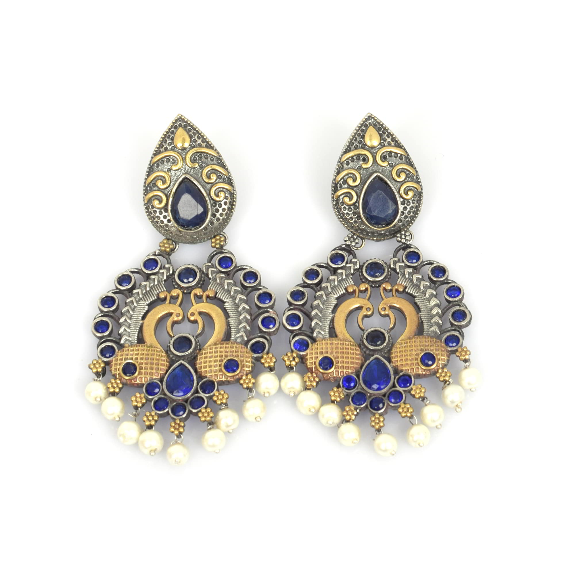 Blue Imitation with Pearl Beads Brass Oxidized Two Tone Peacock Designer Indian Wedding Earring