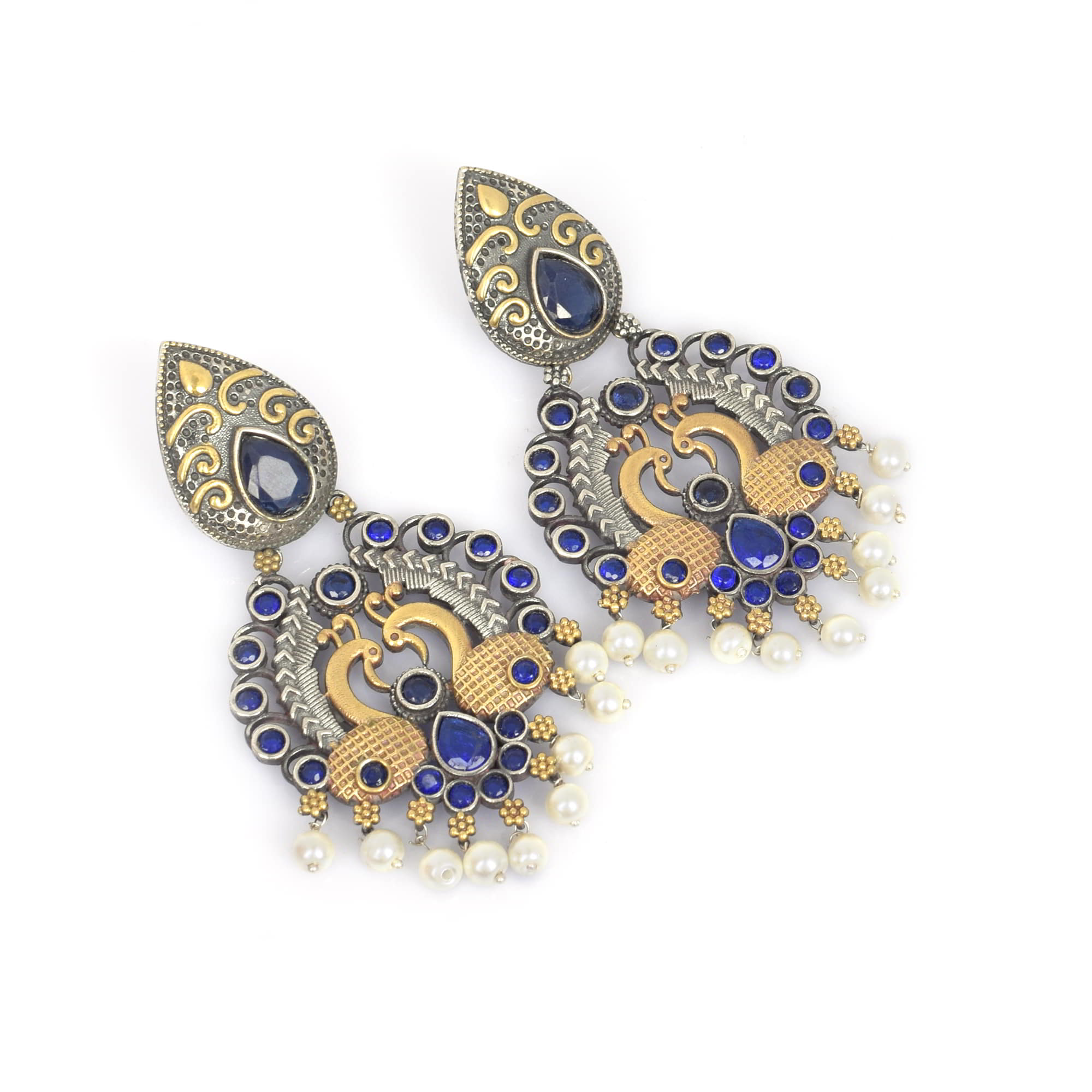 Blue Imitation with Pearl Beads Brass Oxidized Two Tone Peacock Designer Indian Wedding Earring