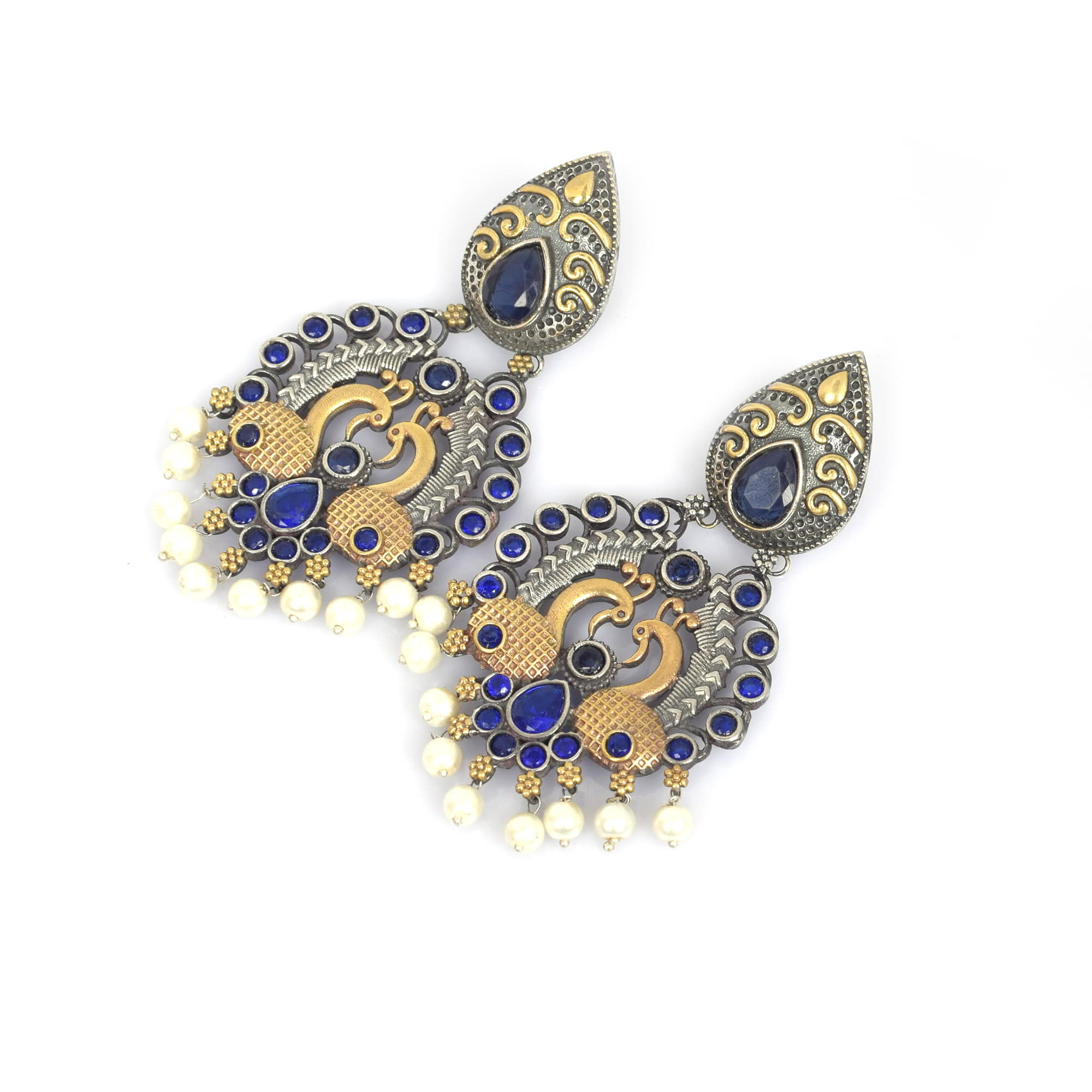 Blue Imitation with Pearl Beads Brass Oxidized Two Tone Peacock Designer Indian Wedding Earring