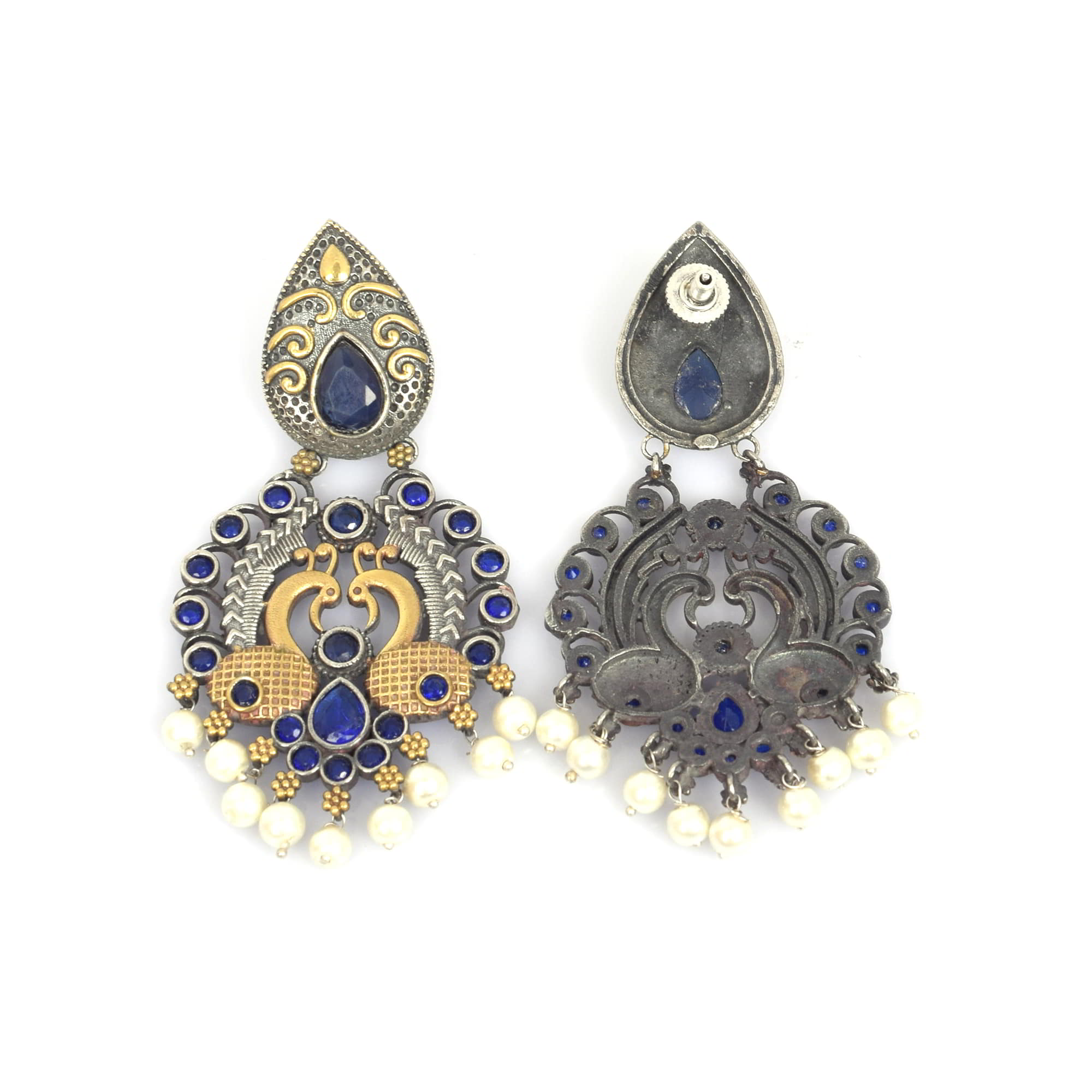 Blue Imitation with Pearl Beads Brass Oxidized Two Tone Peacock Designer Indian Wedding Earring