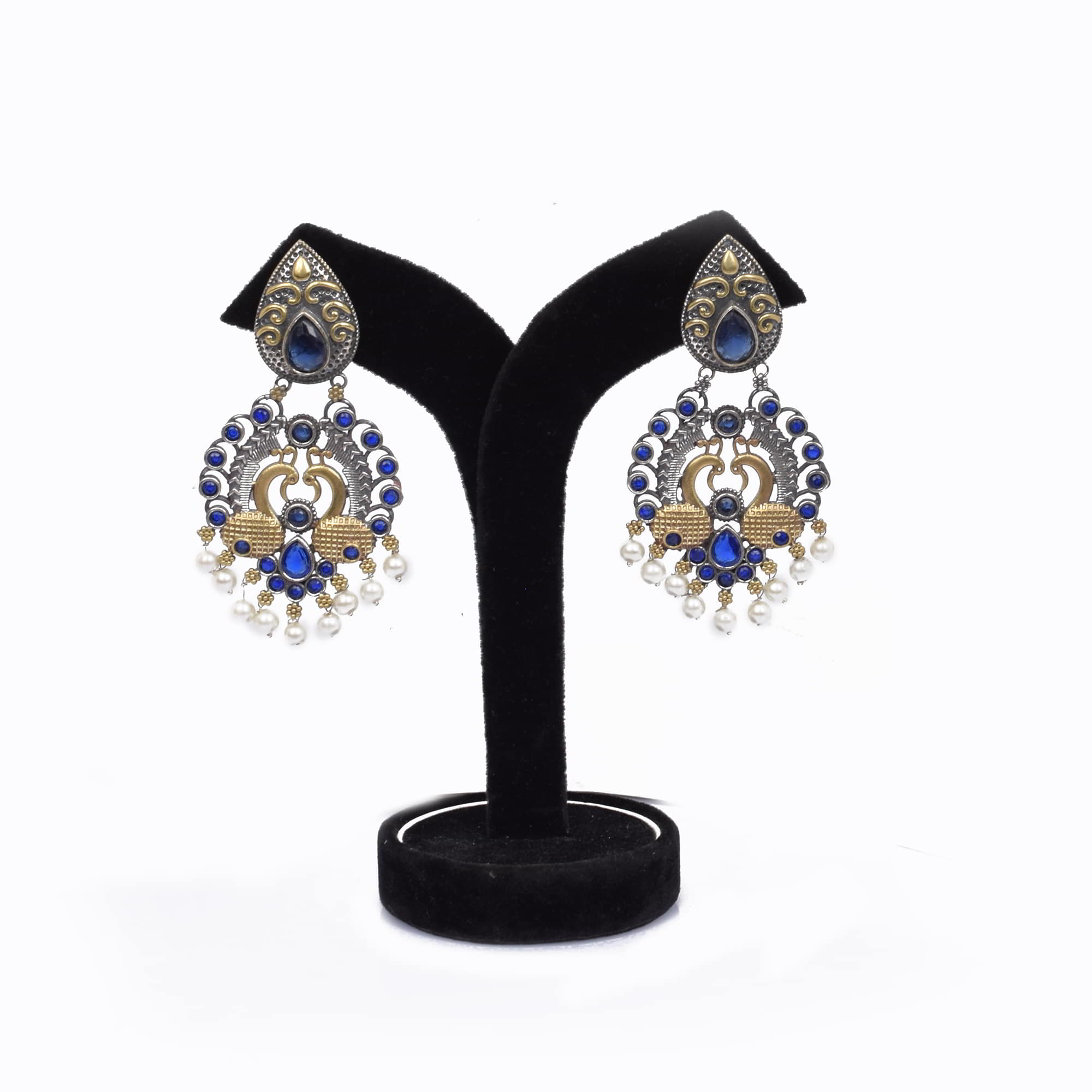 Blue Imitation with Pearl Beads Brass Oxidized Two Tone Peacock Designer Indian Wedding Earring