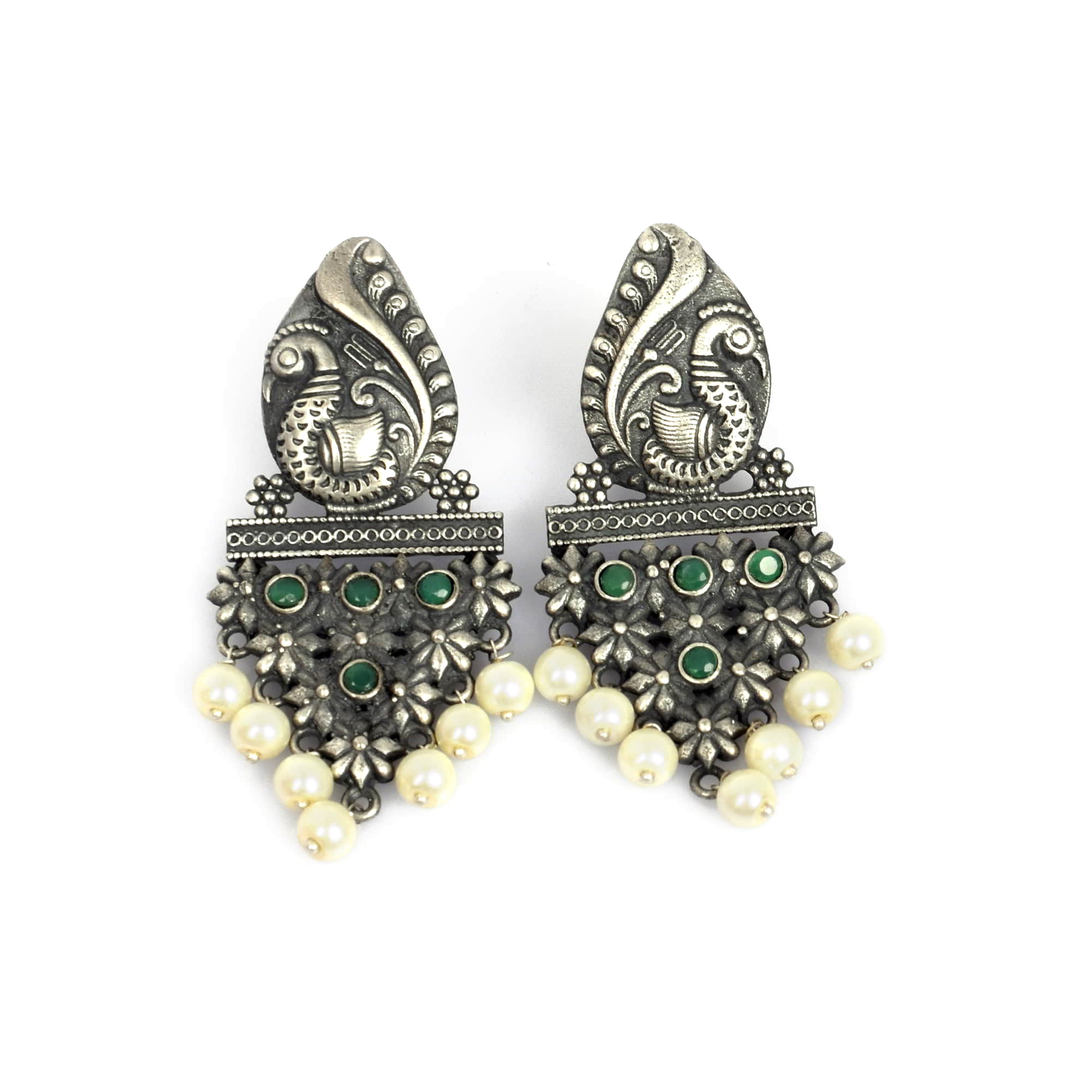 Peacock Designer Green Imitation with Pearl Brass Oxidized Antique Dangle Earring