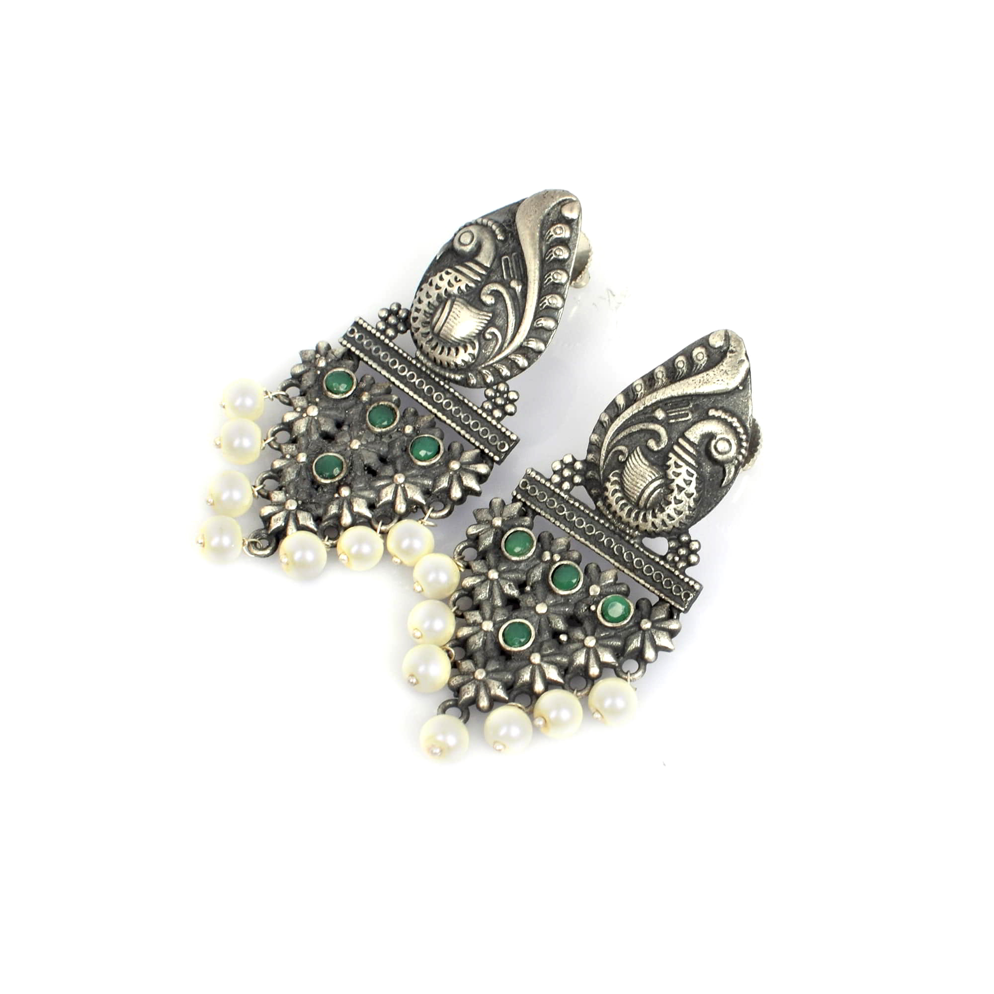Peacock Designer Green Imitation with Pearl Brass Oxidized Antique Dangle Earring