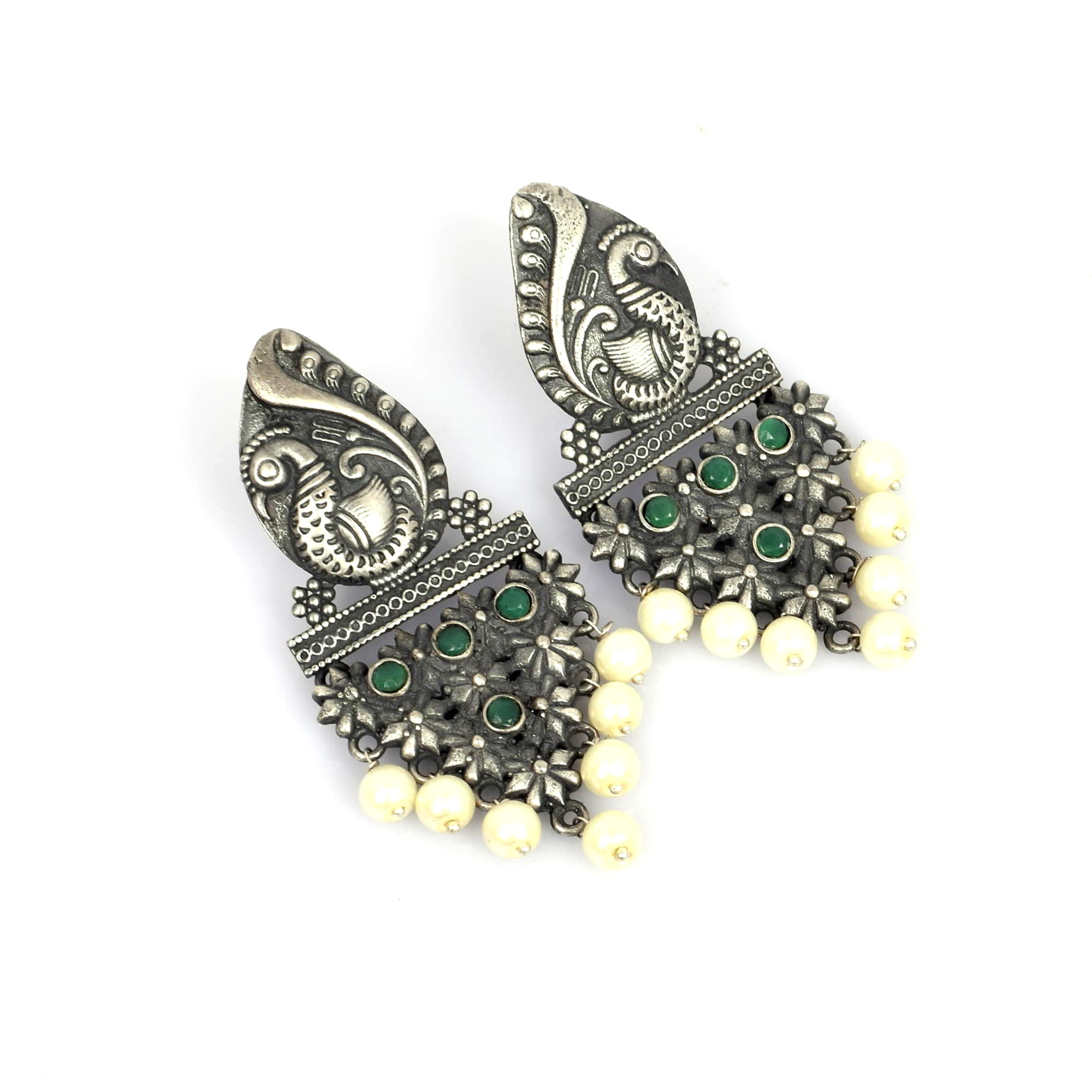 Peacock Designer Green Imitation with Pearl Brass Oxidized Antique Dangle Earring