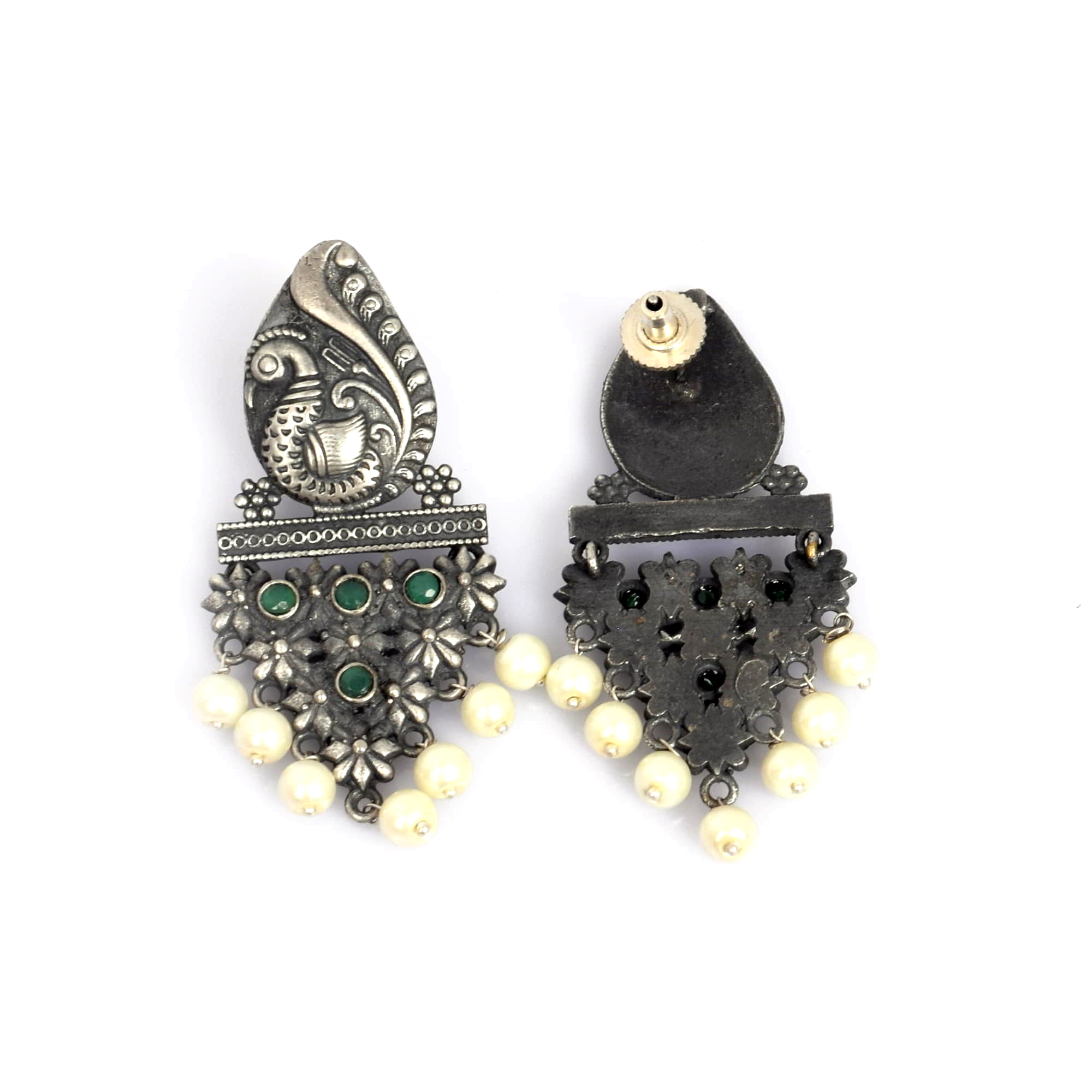 Peacock Designer Green Imitation with Pearl Brass Oxidized Antique Dangle Earring
