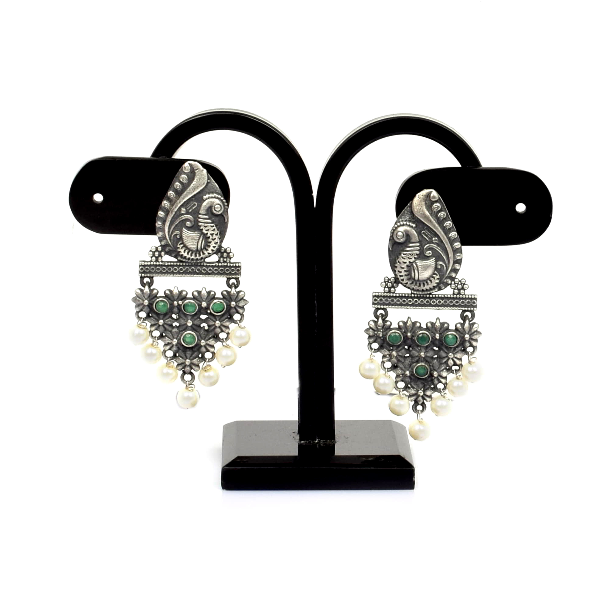 Peacock Designer Green Imitation with Pearl Brass Oxidized Antique Dangle Earring