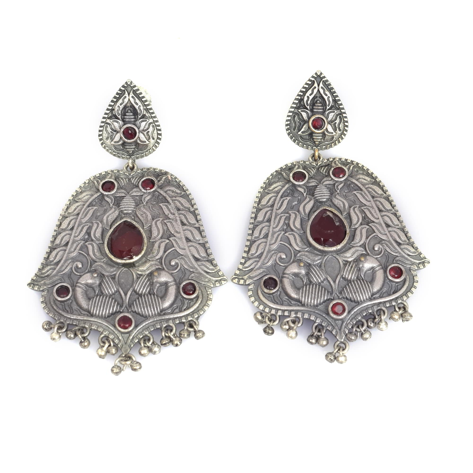 Red Imitation Handcrafted Peacock Textured Traditional Brass Oxidized Dangle Earring