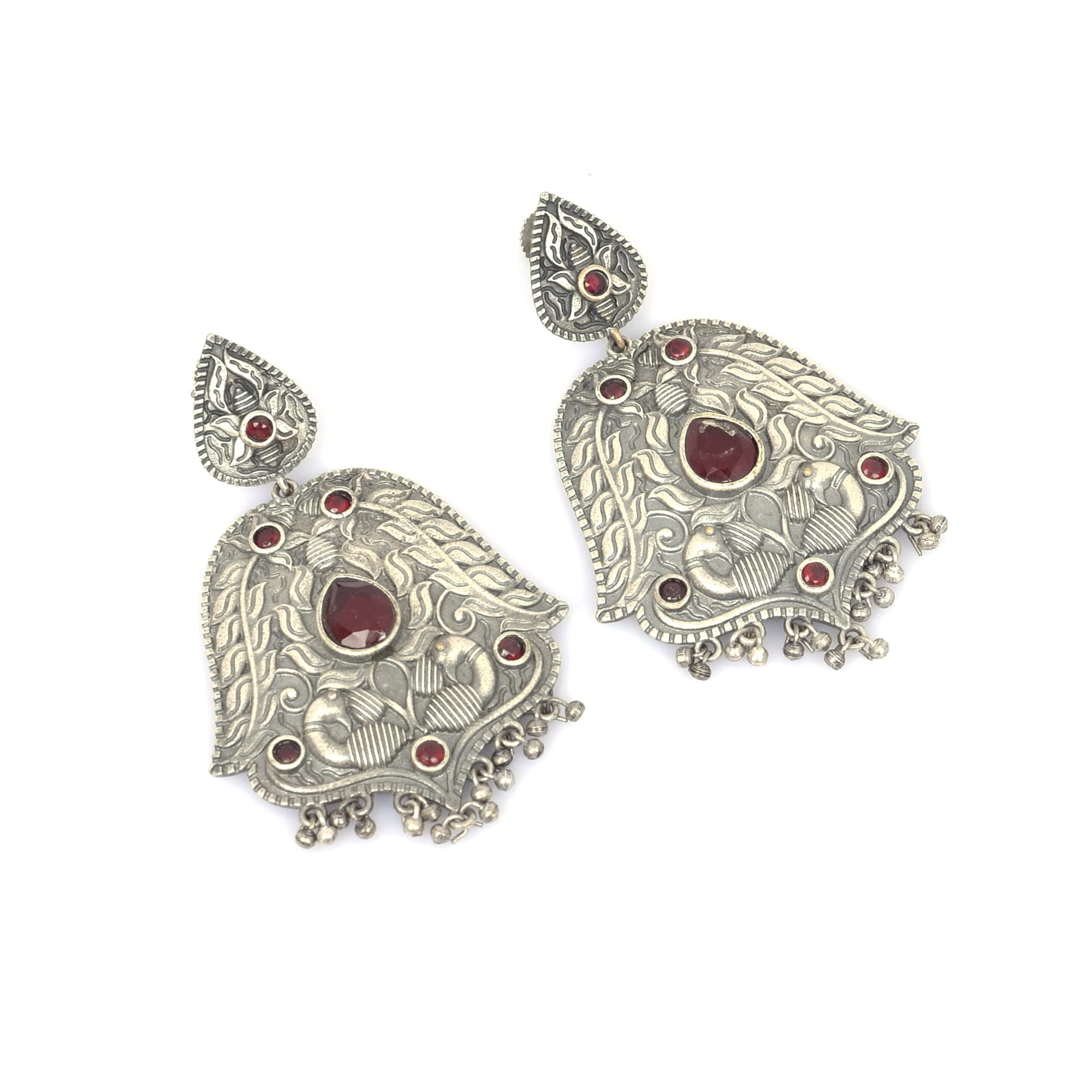 Red Imitation Handcrafted Peacock Textured Traditional Brass Oxidized Dangle Earring