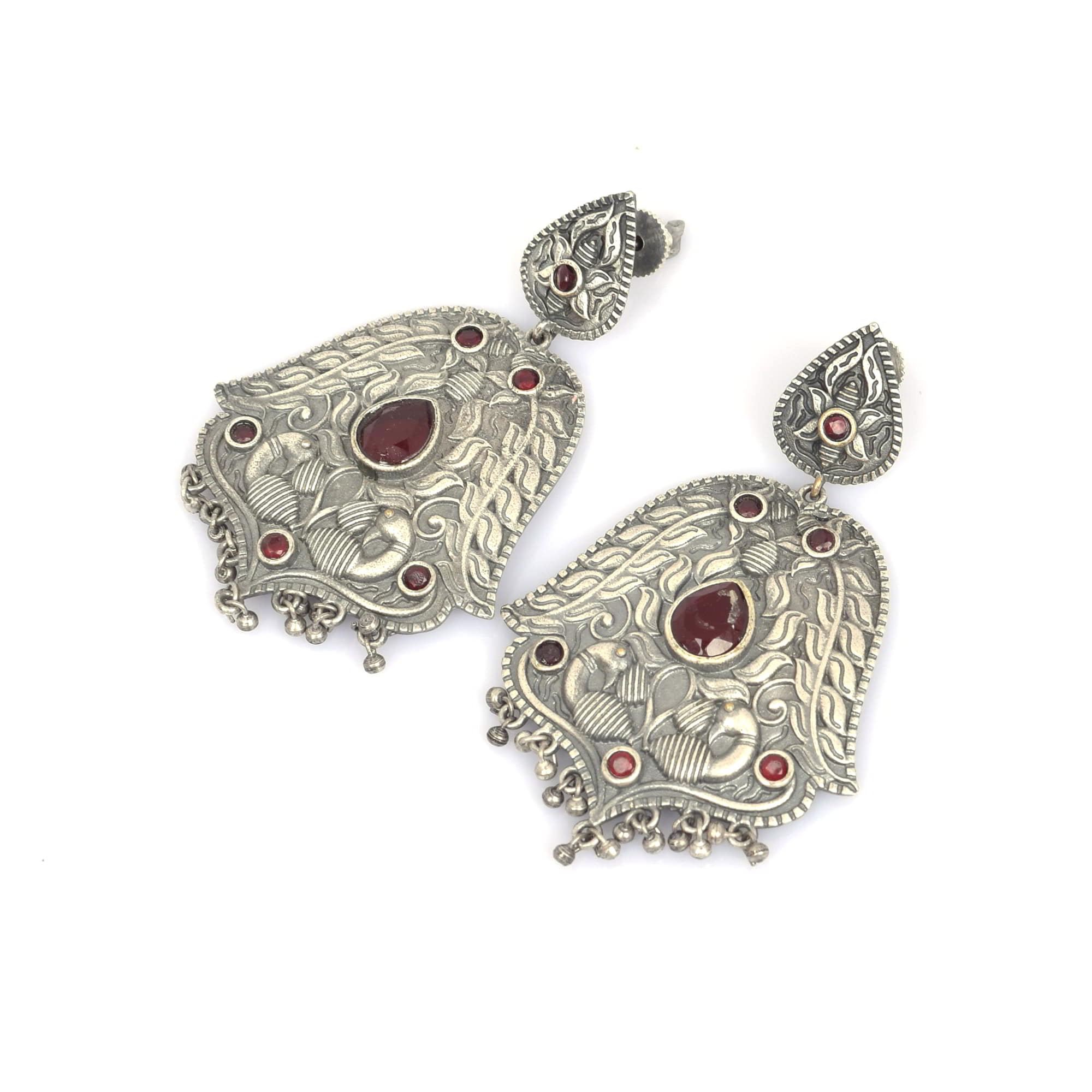 Red Imitation Handcrafted Peacock Textured Traditional Brass Oxidized Dangle Earring