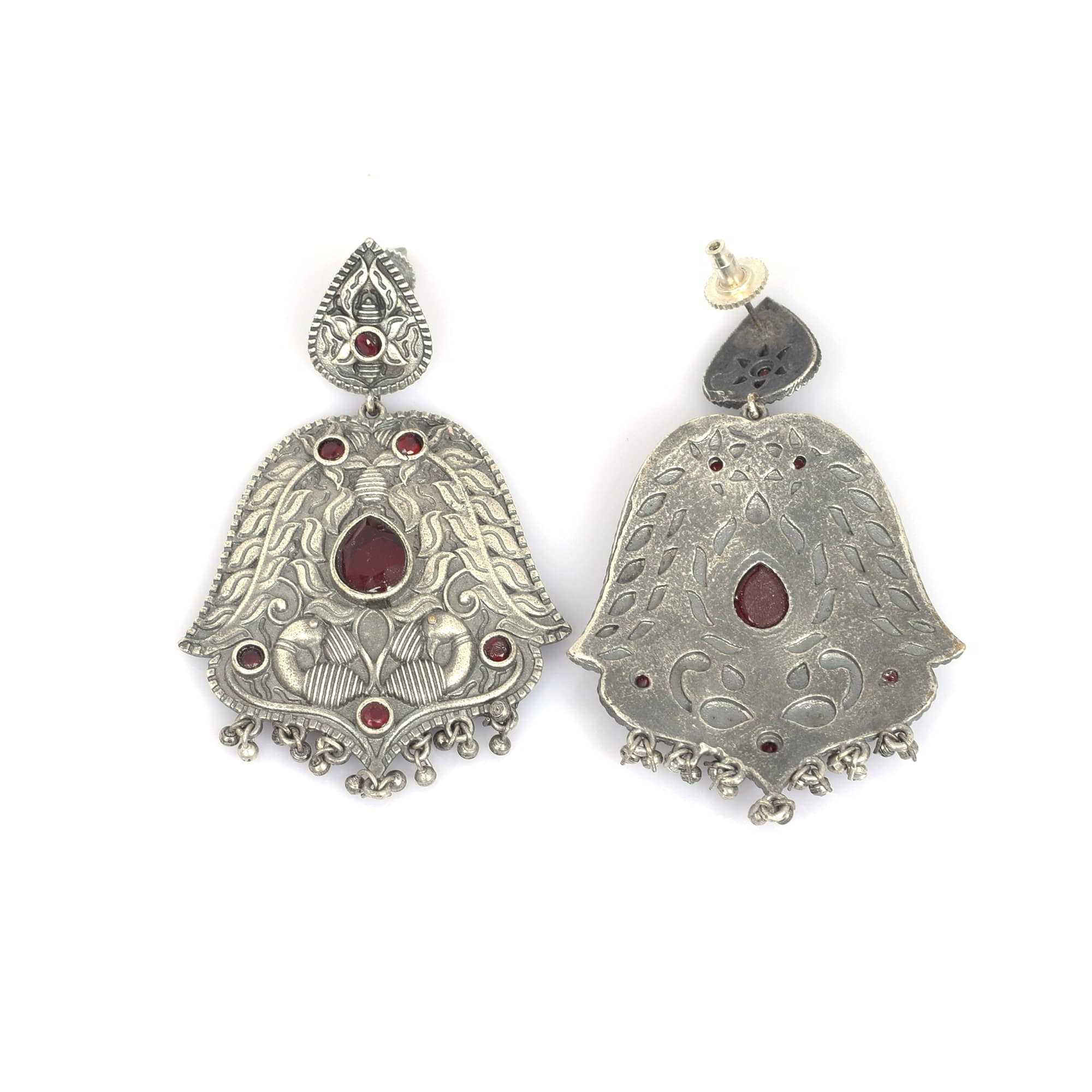 Red Imitation Handcrafted Peacock Textured Traditional Brass Oxidized Dangle Earring