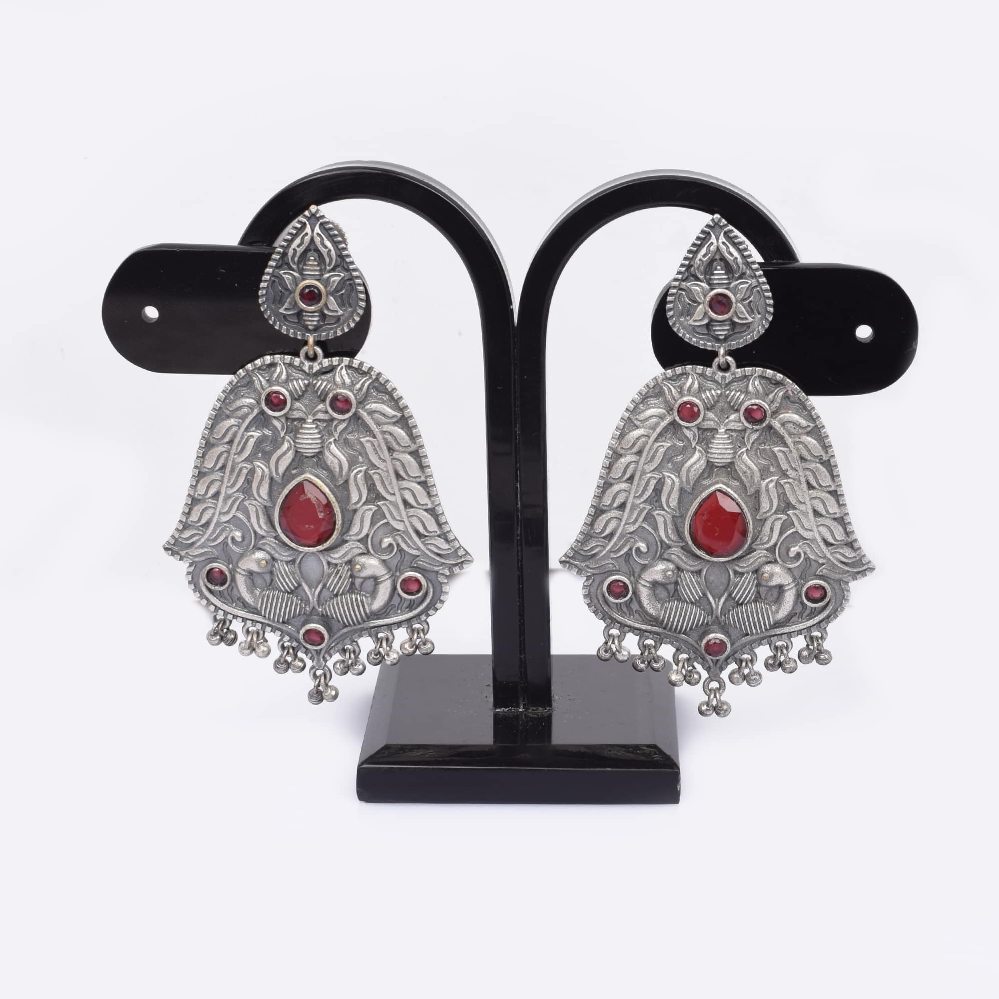 Red Imitation Handcrafted Peacock Textured Traditional Brass Oxidized Dangle Earring