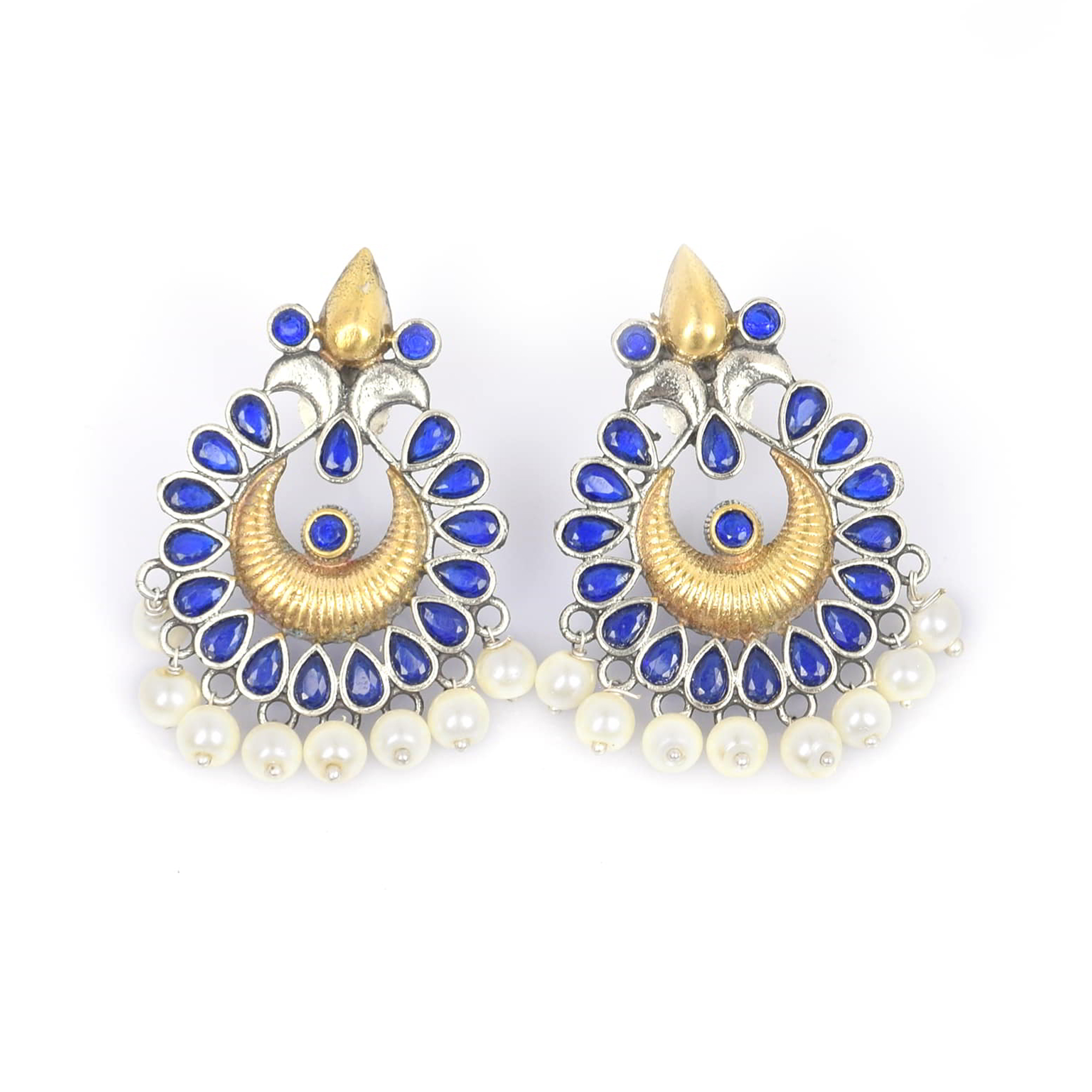 Filigree Design Blue Imitation with Pearl Brass Oxidized Two Tone Antique Earring