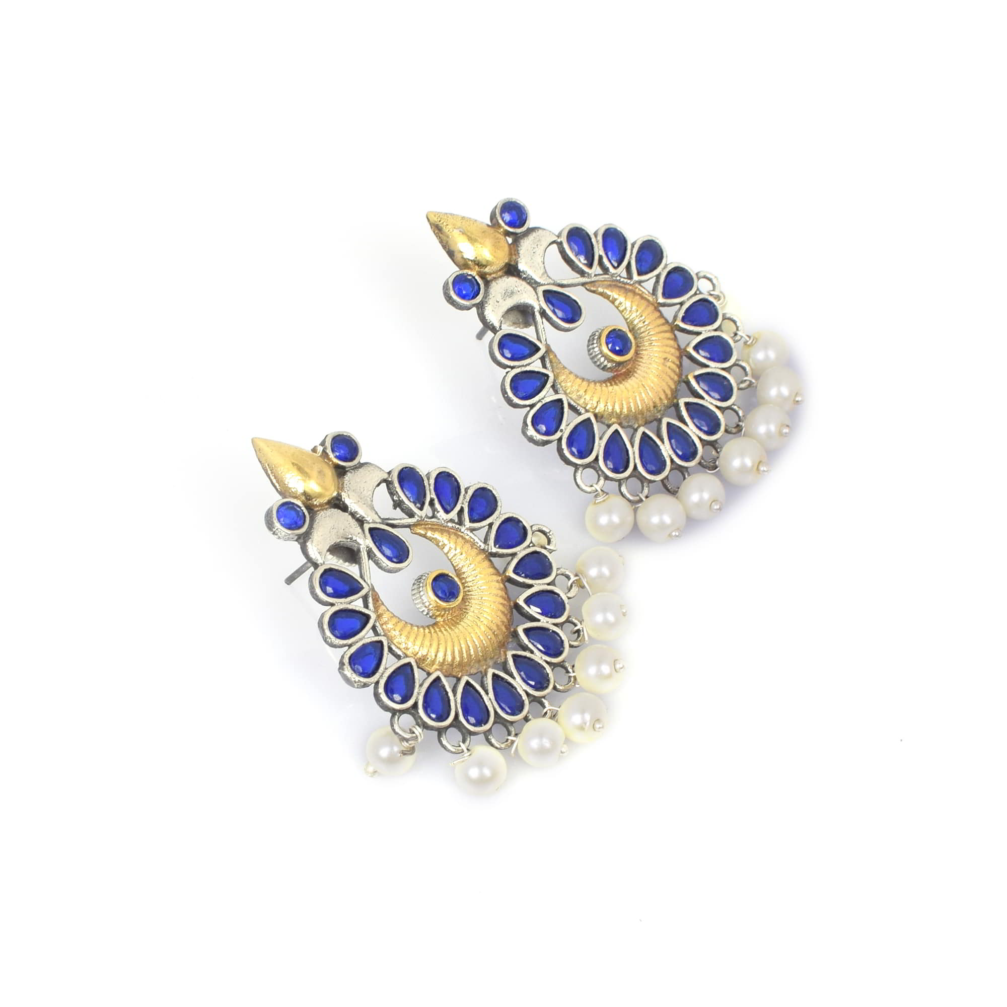 Filigree Design Blue Imitation with Pearl Brass Oxidized Two Tone Antique Earring