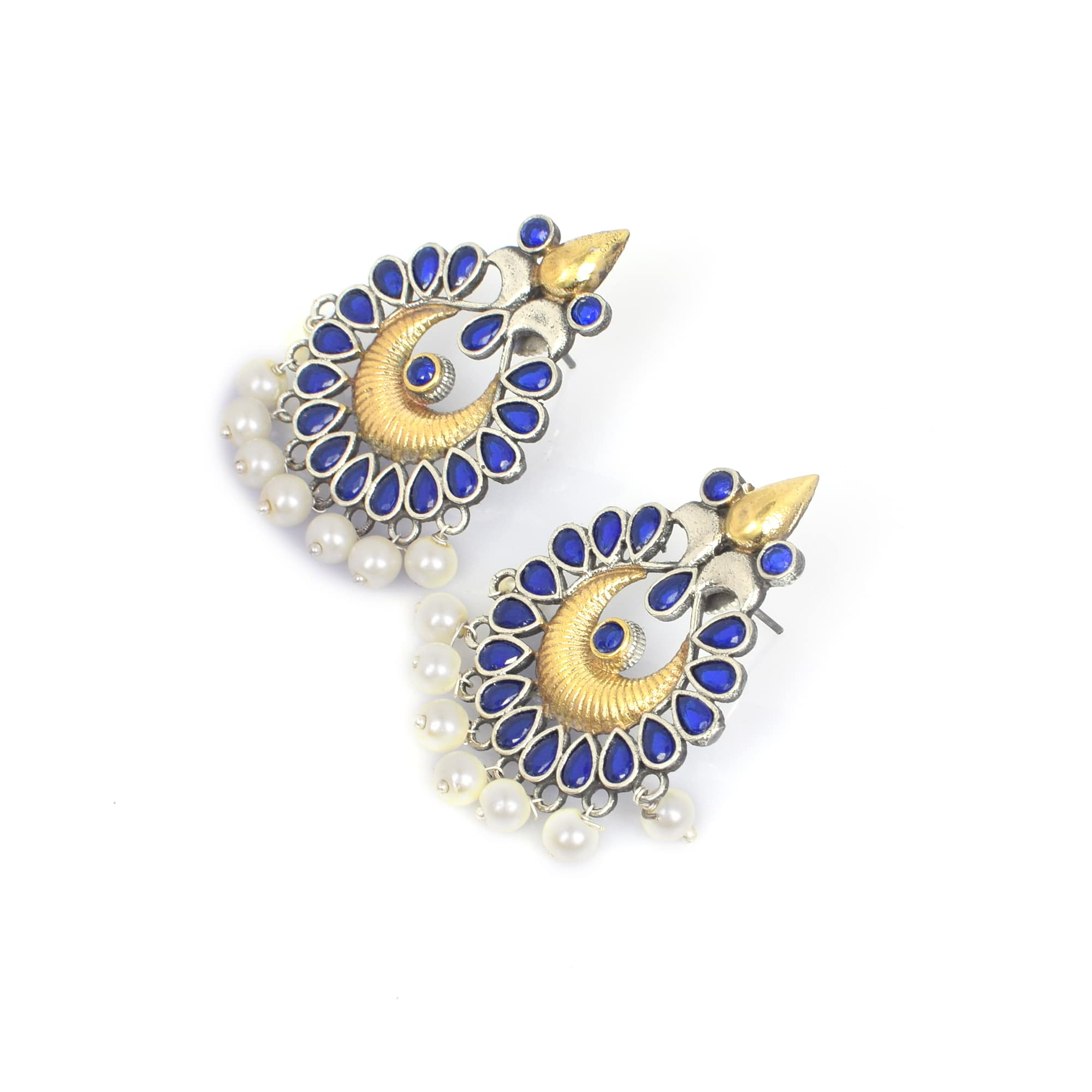 Filigree Design Blue Imitation with Pearl Brass Oxidized Two Tone Antique Earring