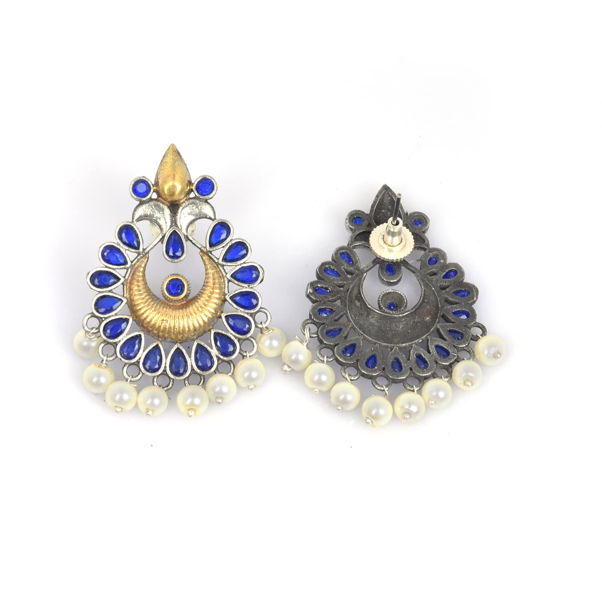 Filigree Design Blue Imitation with Pearl Brass Oxidized Two Tone Antique Earring