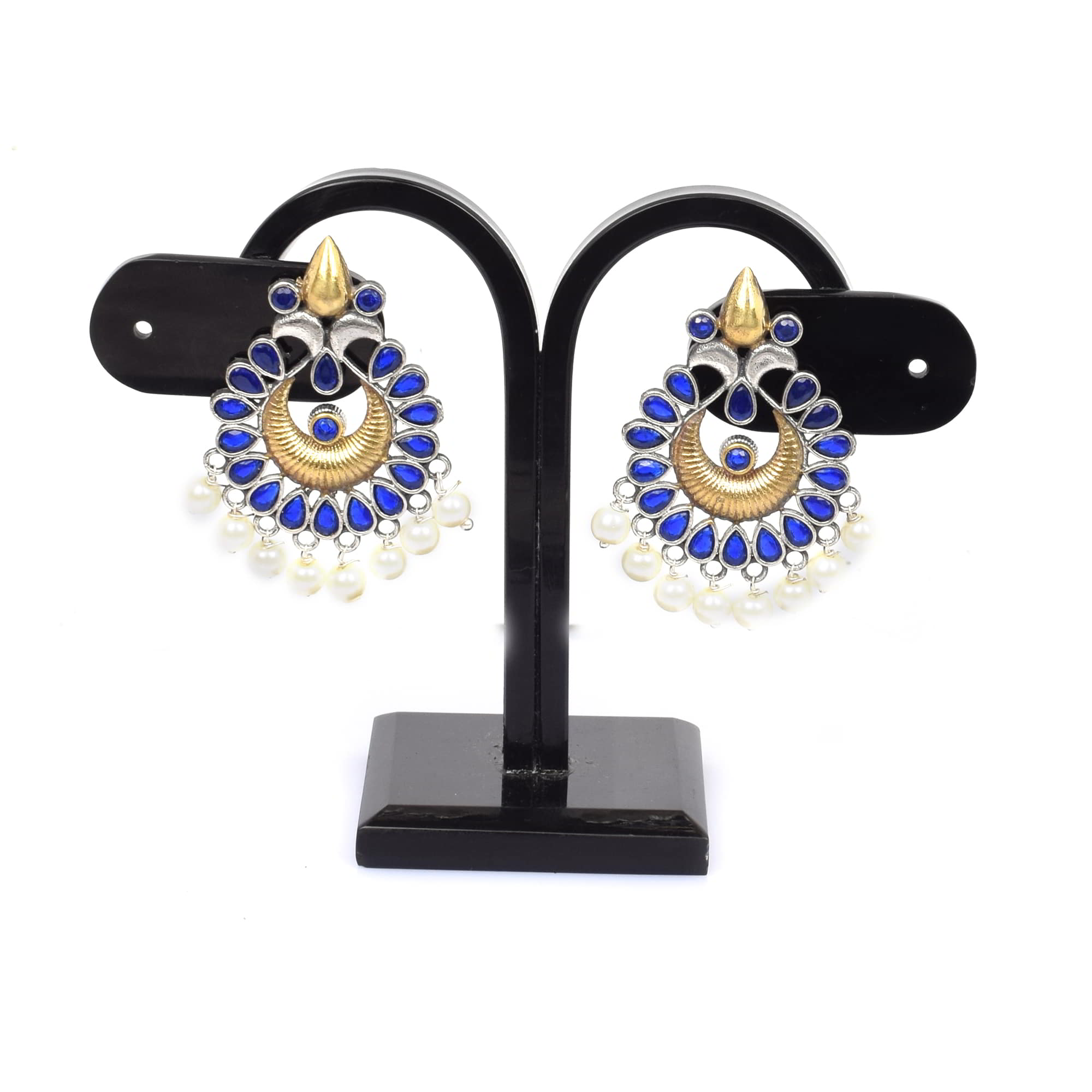 Filigree Design Blue Imitation with Pearl Brass Oxidized Two Tone Antique Earring