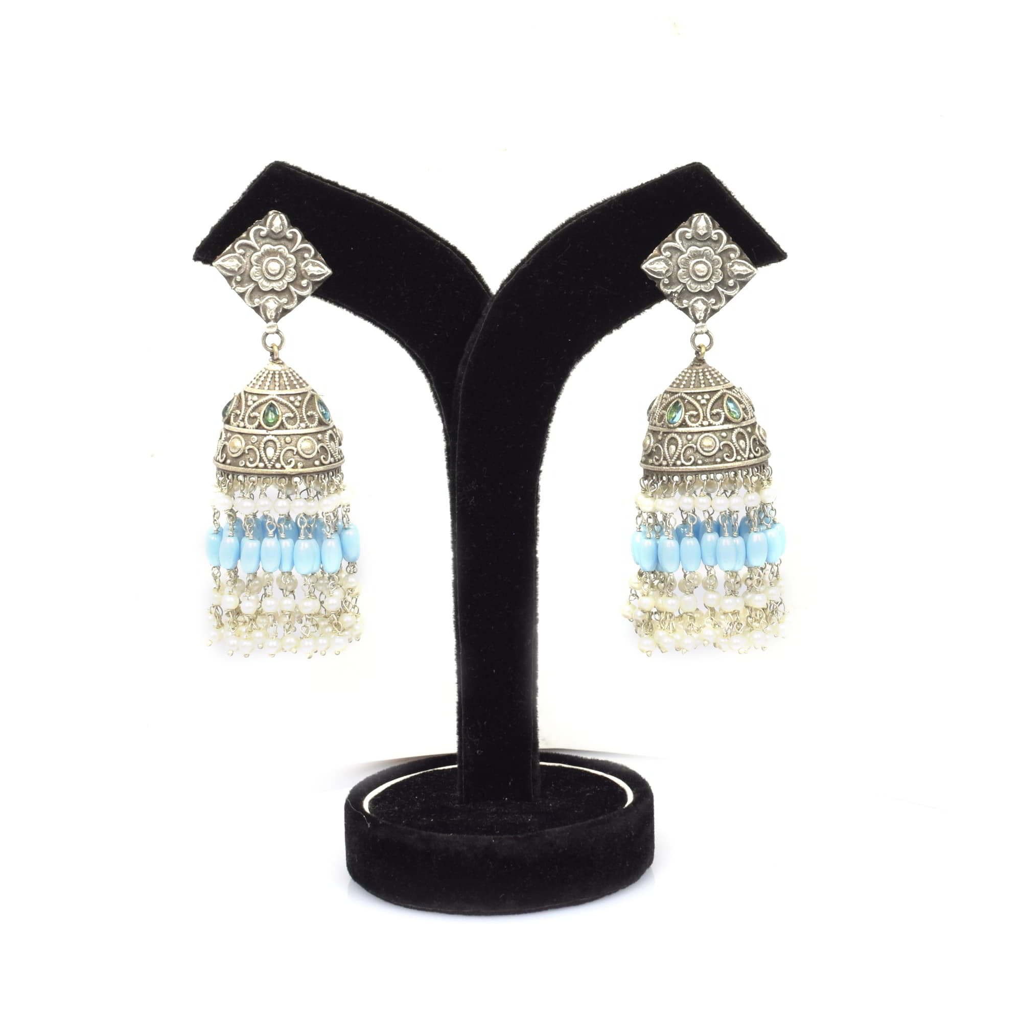 Traditional Handcrafted Pearl Beads with Kundan Brass Oxidized Long Jhumka Earring