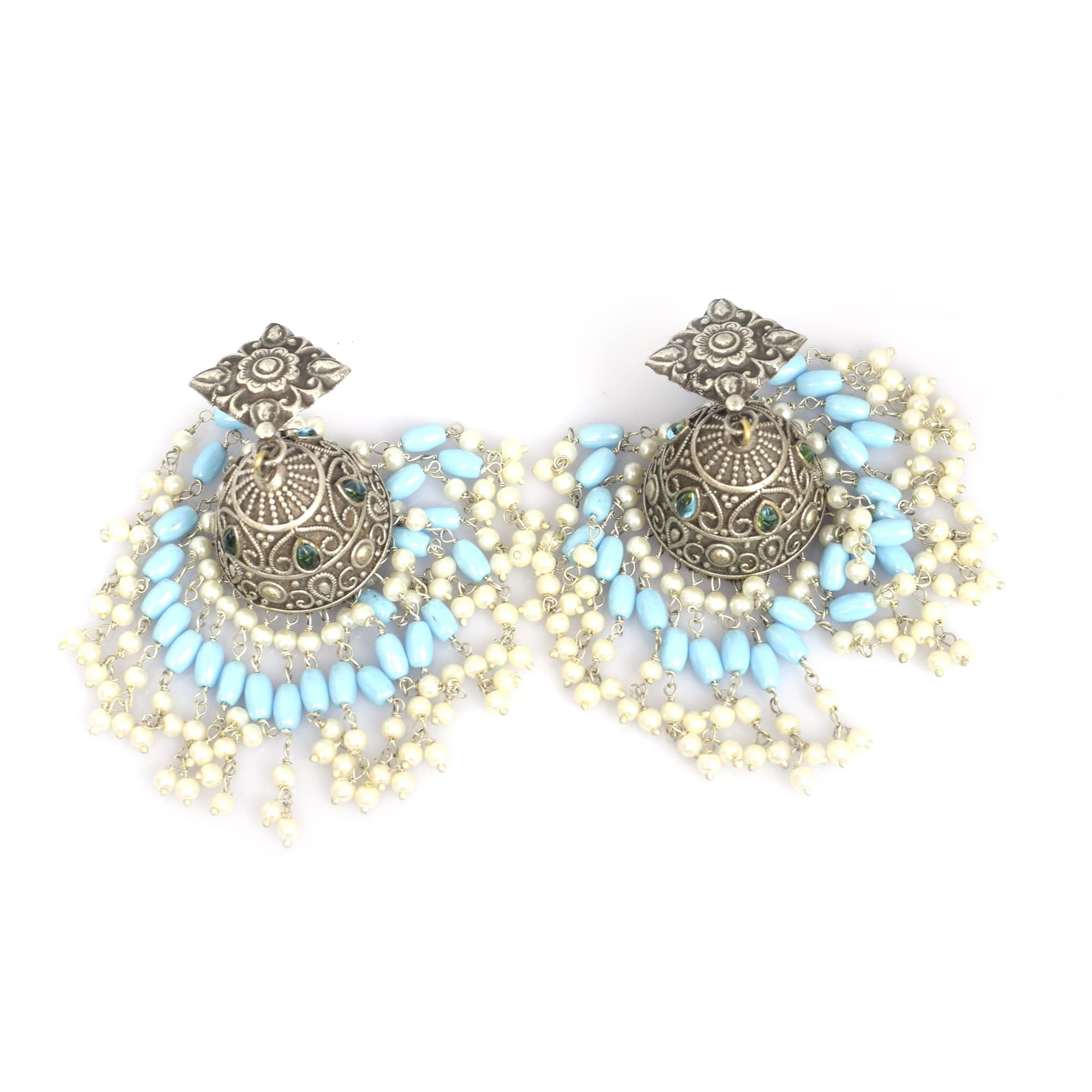 Traditional Handcrafted Pearl Beads with Kundan Brass Oxidized Long Jhumka Earring