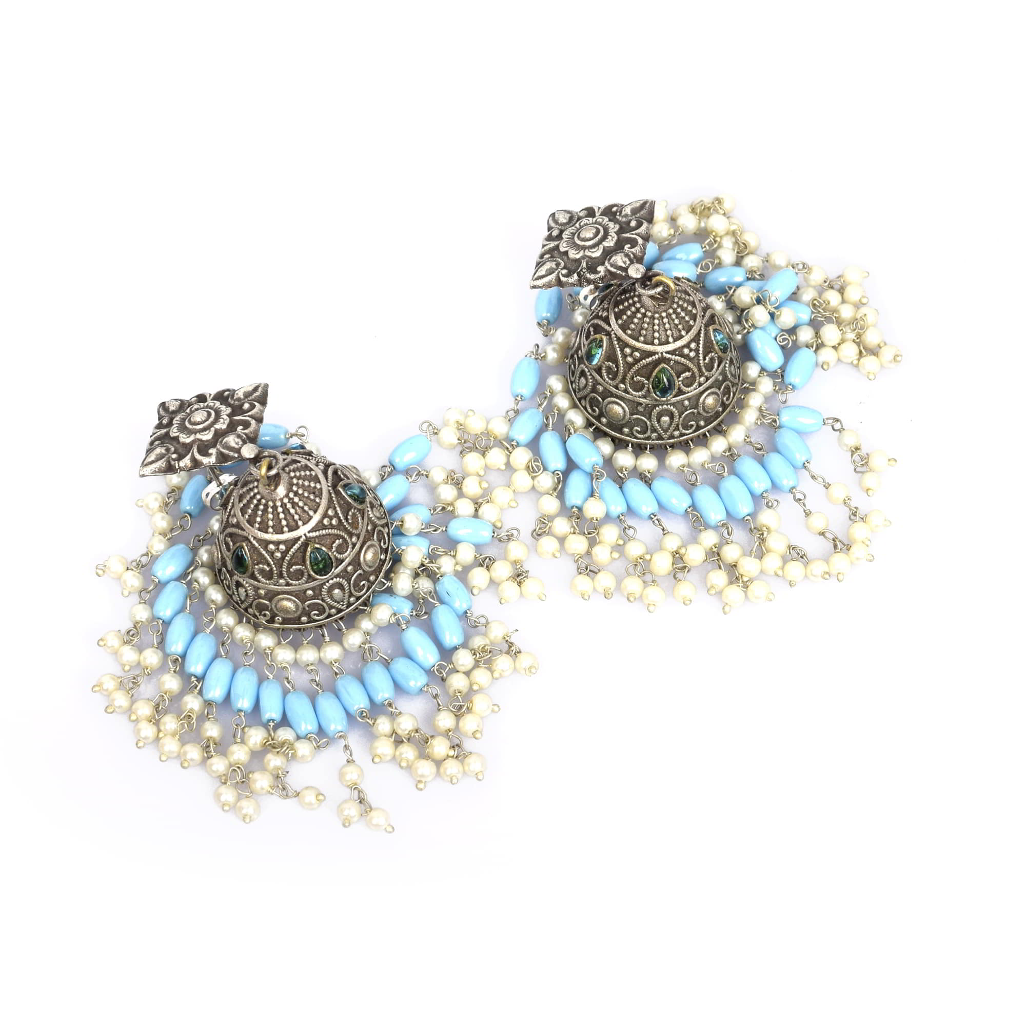Traditional Handcrafted Pearl Beads with Kundan Brass Oxidized Long Jhumka Earring
