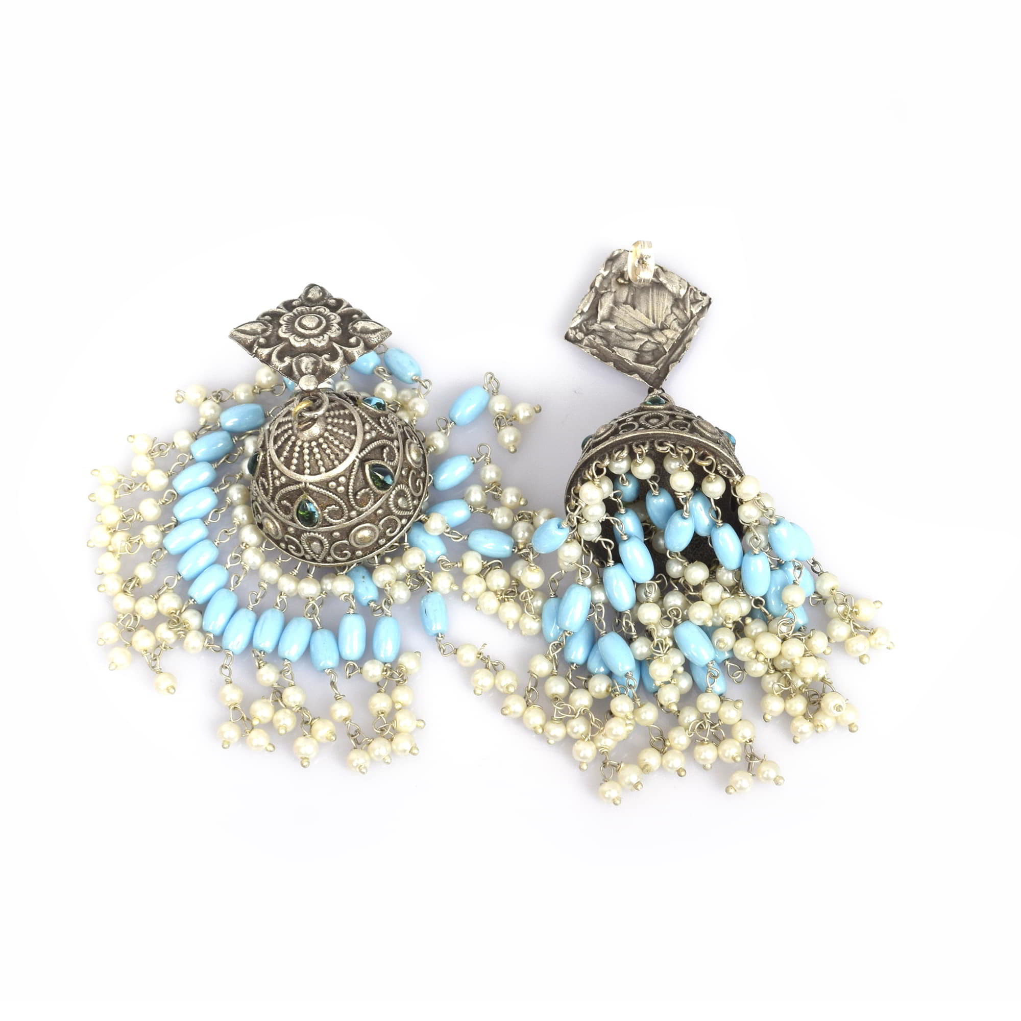 Traditional Handcrafted Pearl Beads with Kundan Brass Oxidized Long Jhumka Earring