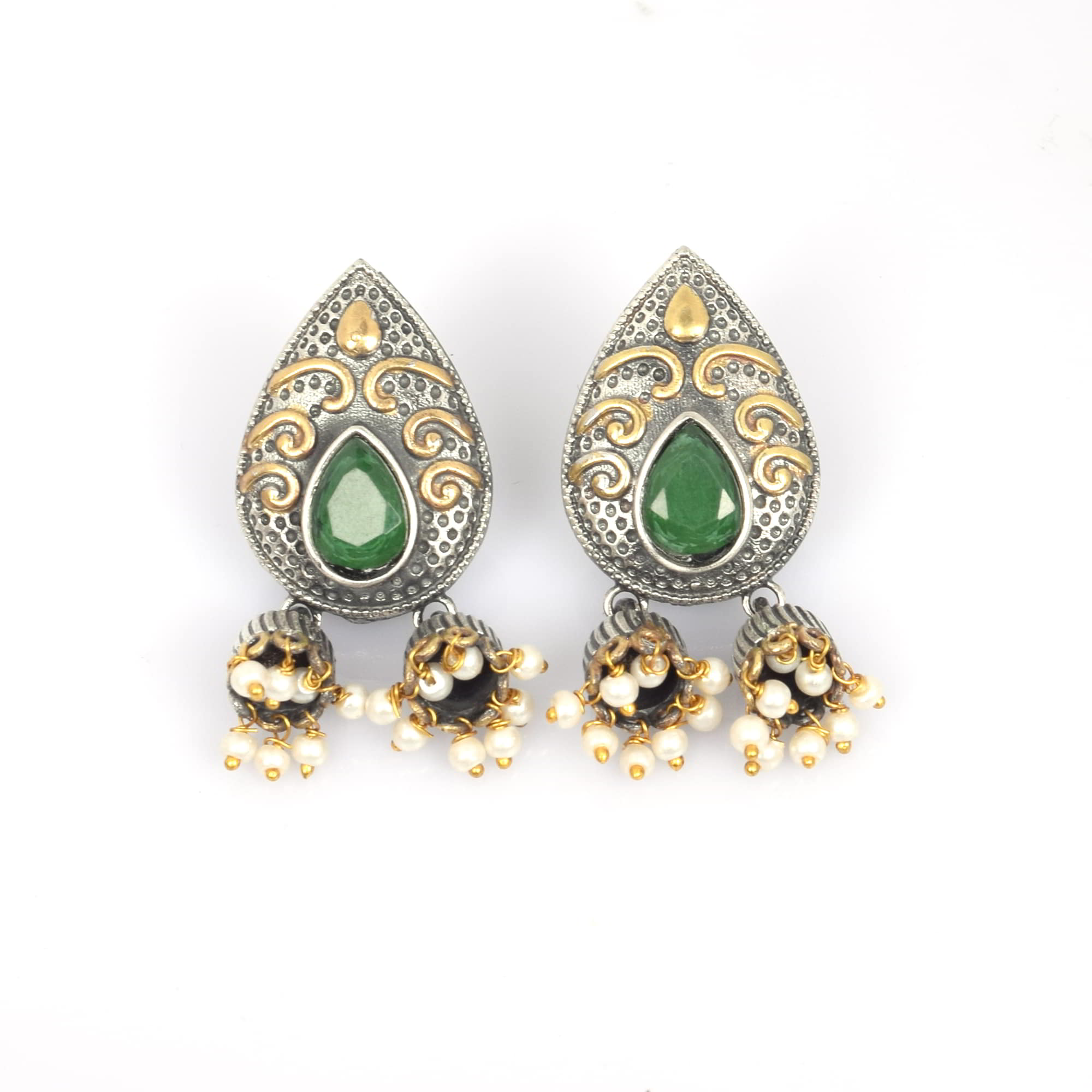 Green Imitation with Pearl Brass Oxidized Two Tone Indian Wedding Double Jhumki Earring