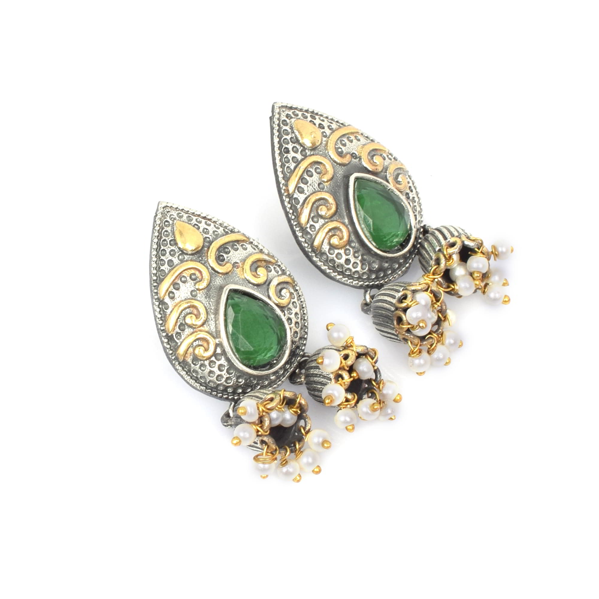 Green Imitation with Pearl Brass Oxidized Two Tone Indian Wedding Double Jhumki Earring