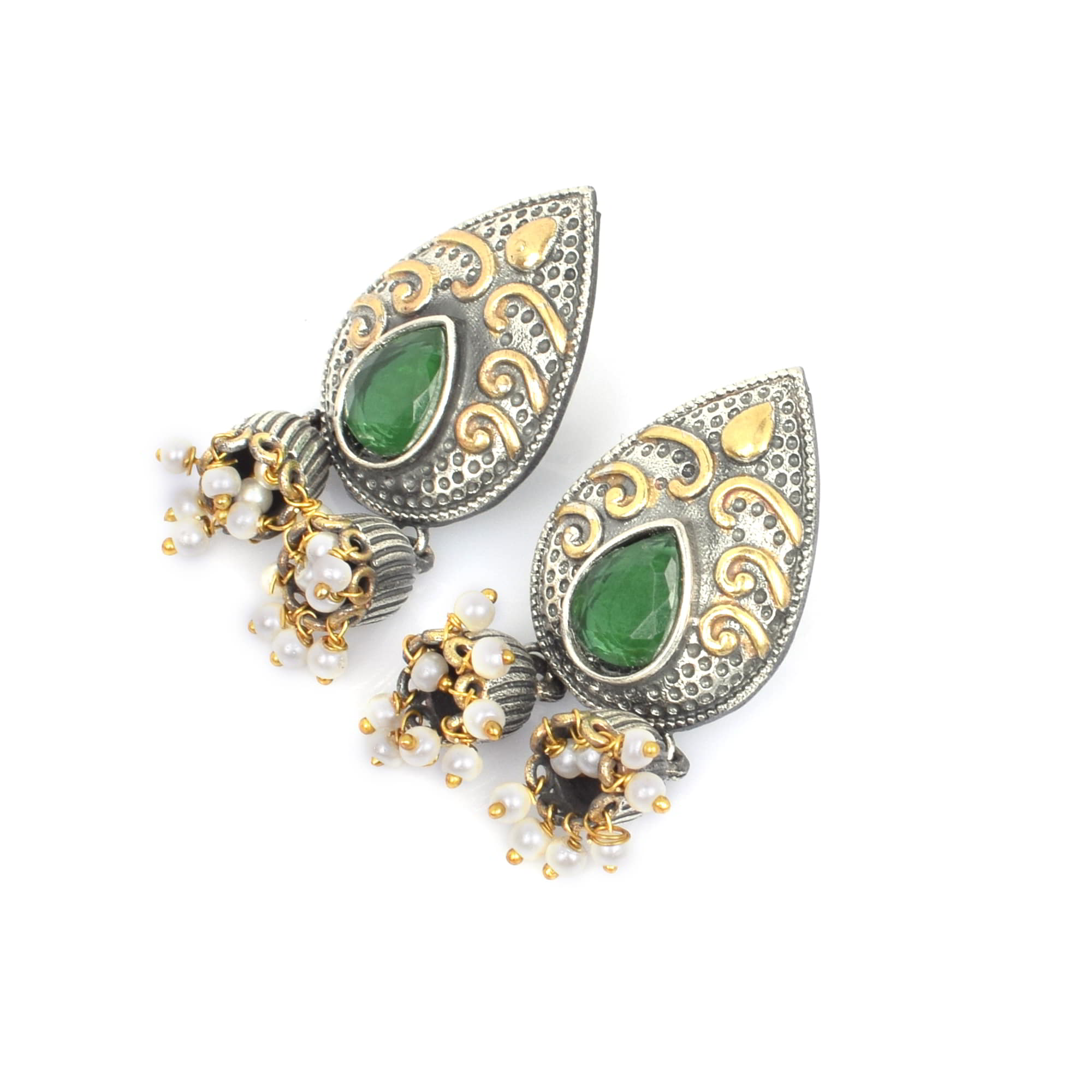 Green Imitation with Pearl Brass Oxidized Two Tone Indian Wedding Double Jhumki Earring