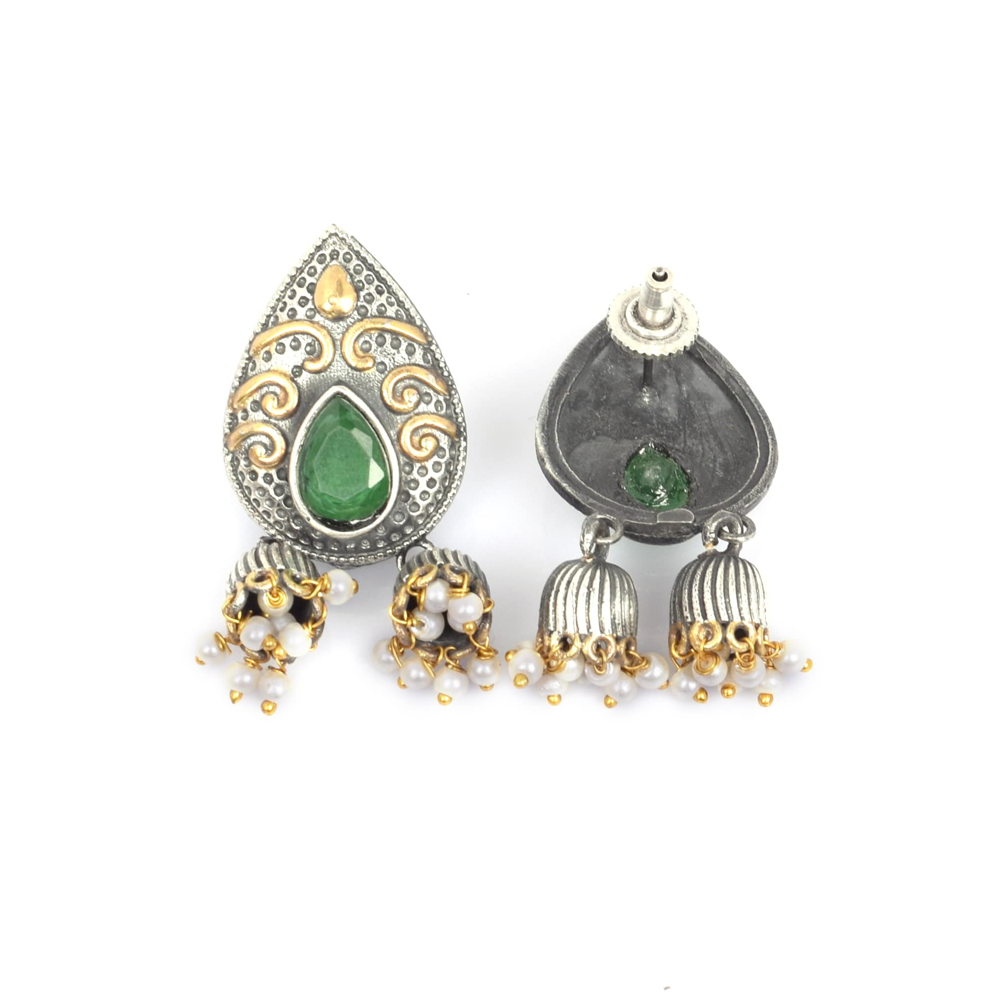 Green Imitation with Pearl Brass Oxidized Two Tone Indian Wedding Double Jhumki Earring
