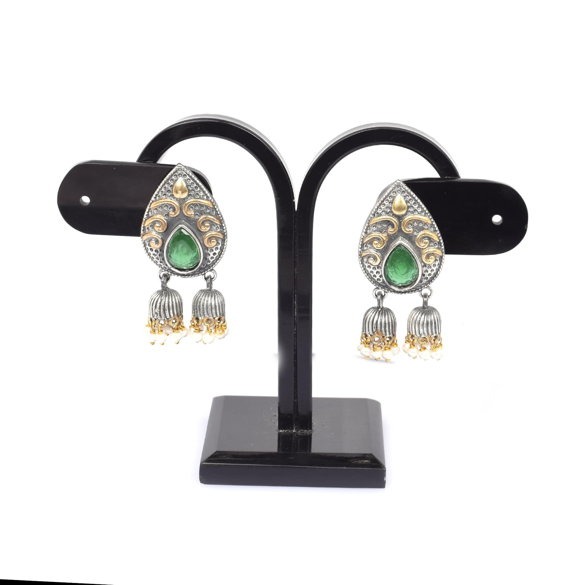 Green Imitation with Pearl Brass Oxidized Two Tone Indian Wedding Double Jhumki Earring