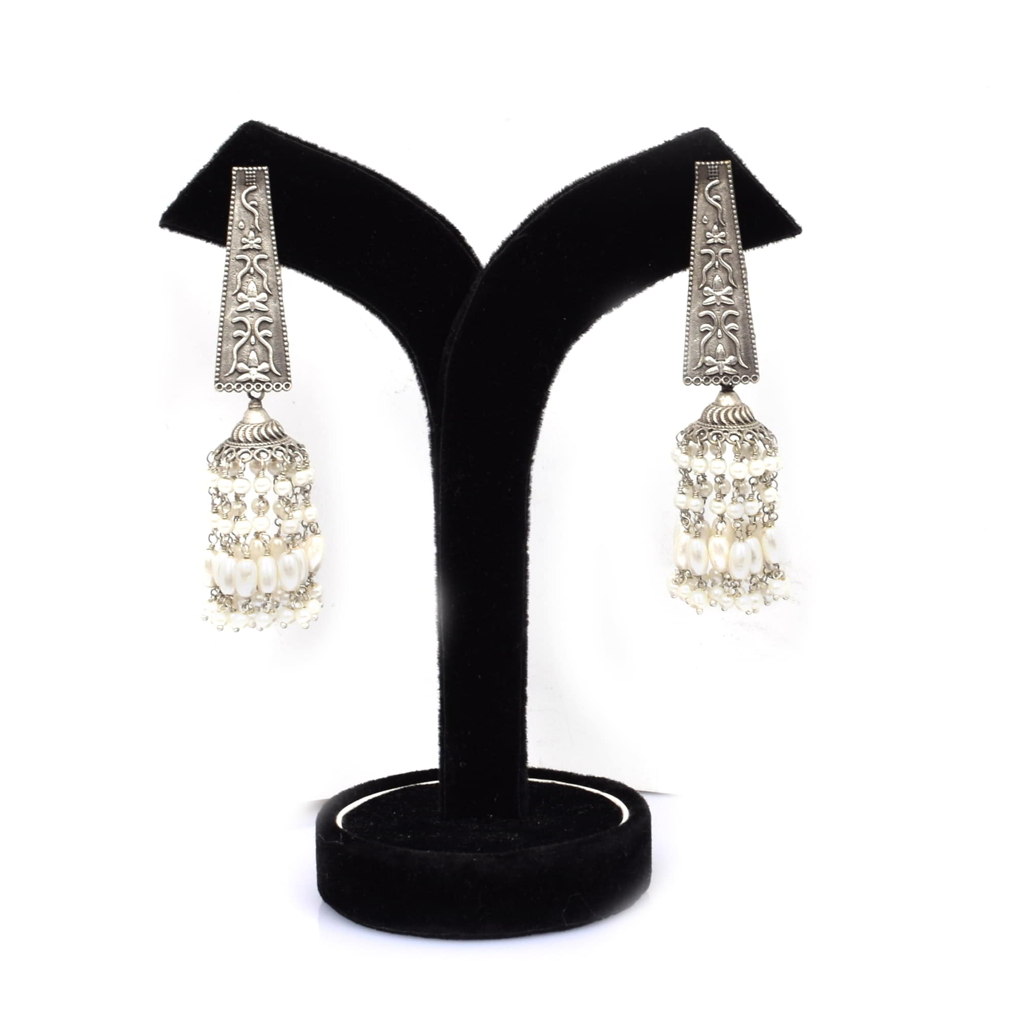 Taper Designer with Pearl Beads Brass Oxidized Textured Wedding Long Jhumka Earring