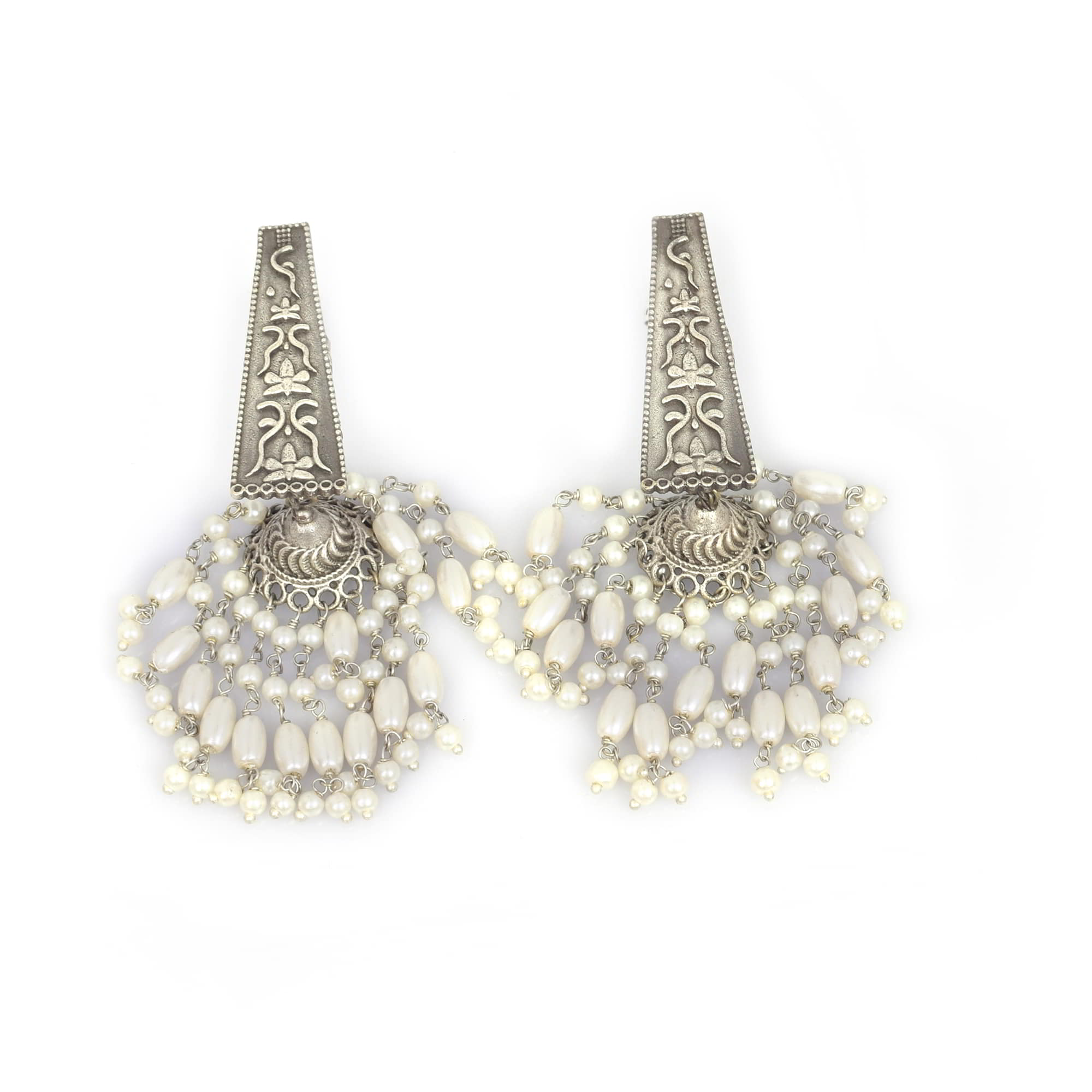 Taper Designer with Pearl Beads Brass Oxidized Textured Wedding Long Jhumka Earring