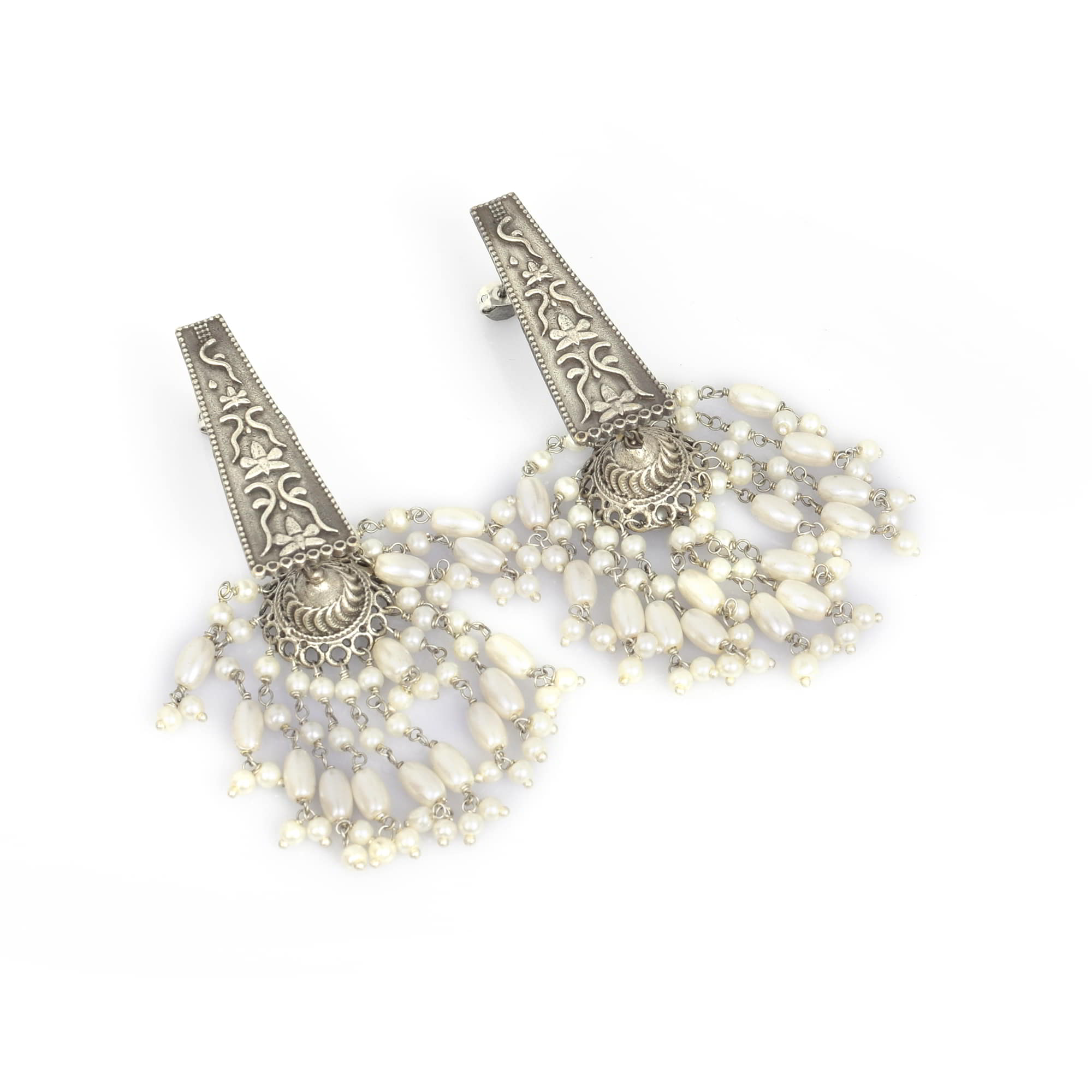 Taper Designer with Pearl Beads Brass Oxidized Textured Wedding Long Jhumka Earring