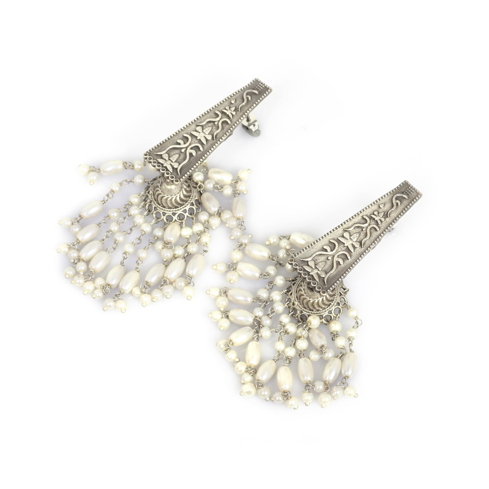 Taper Designer with Pearl Beads Brass Oxidized Textured Wedding Long Jhumka Earring