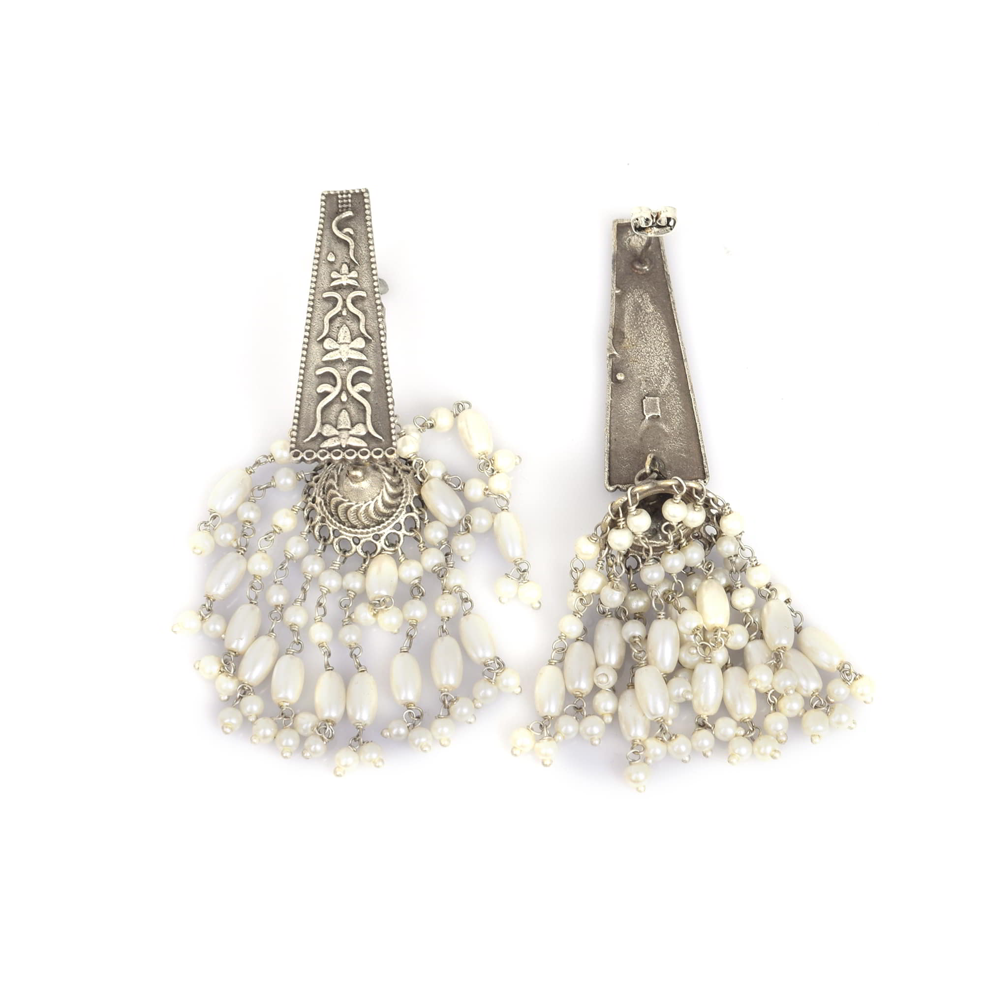 Taper Designer with Pearl Beads Brass Oxidized Textured Wedding Long Jhumka Earring